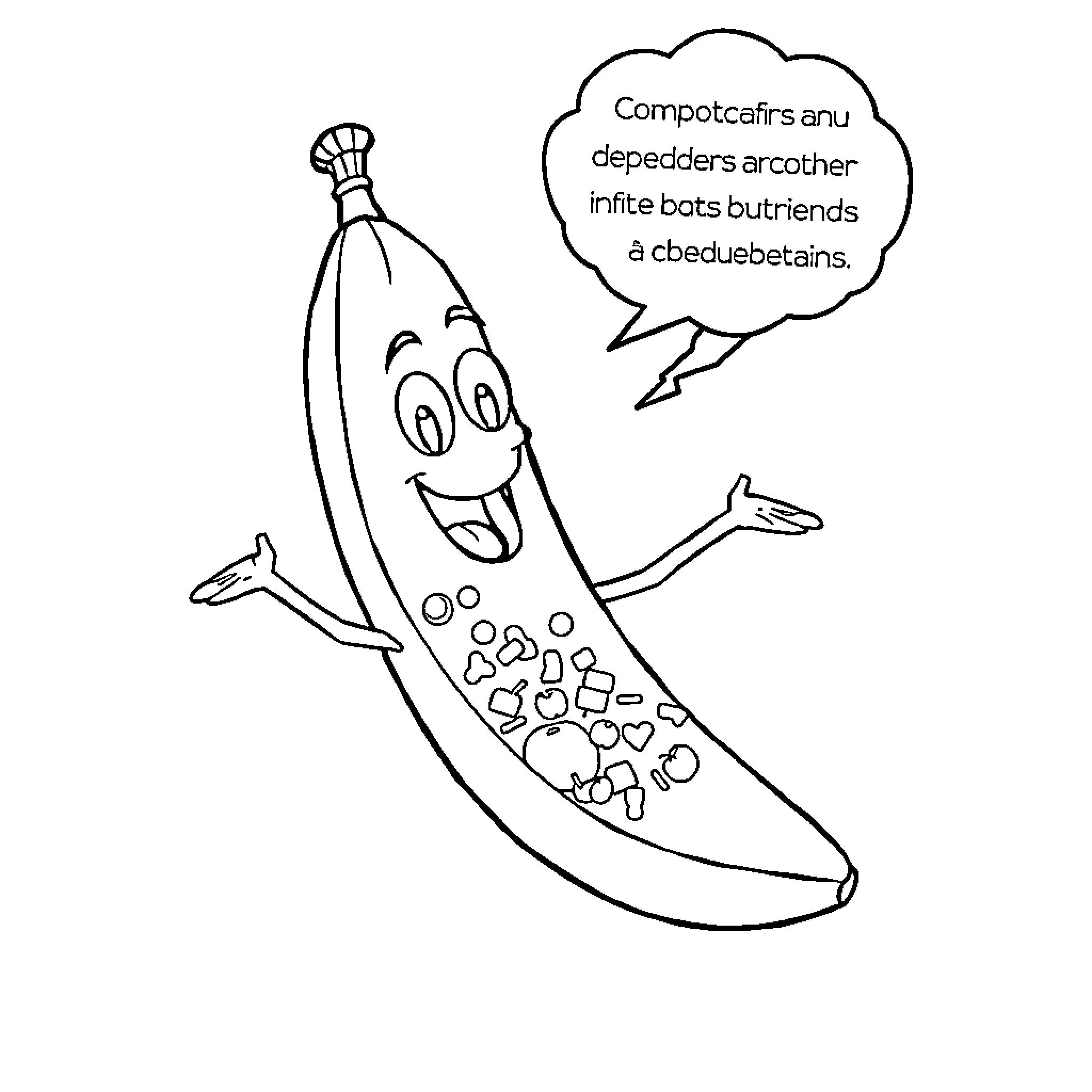 Banana Joyfully Sharing Thoughts in Thought Bubble Coloring Page (free black-and-white line drawing printable PDF for all, from beginners to advanced learners, including children, teens, adults, and seniors)