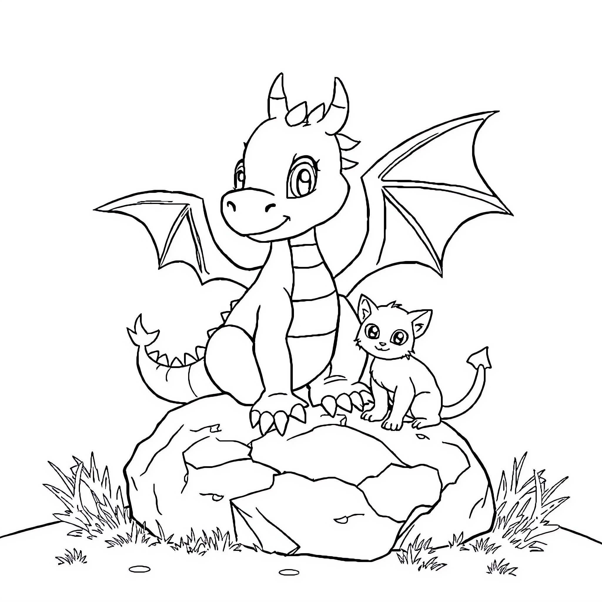Dragon and Kitten Exploring in Grassy Scene Coloring Page (free black-and-white line drawing printable PDF for all, from beginners to advanced learners, including children, teens, adults, and seniors)