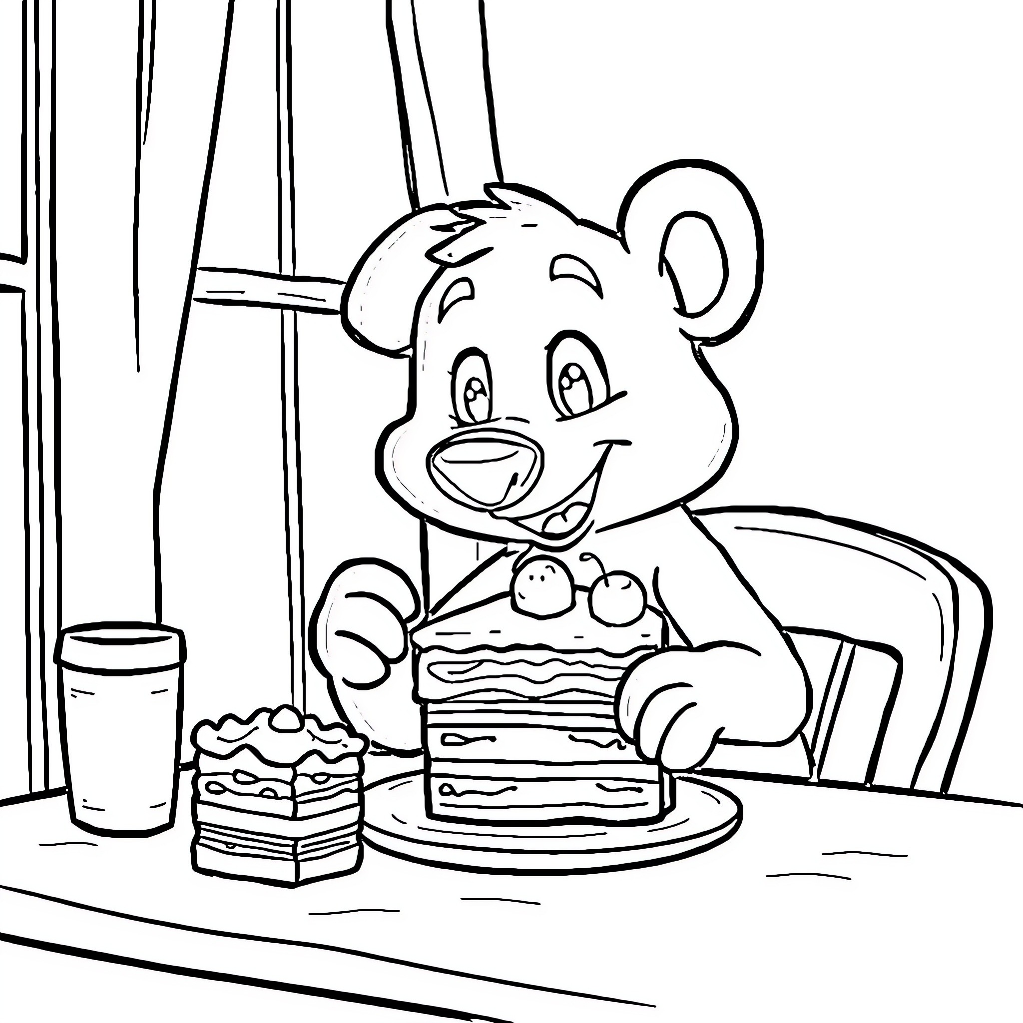 Bluey enjoying a delicious cake at home Coloring Page (free black-and-white line drawing printable PDF for all, from beginners to advanced learners, including children, teens, adults, and seniors)