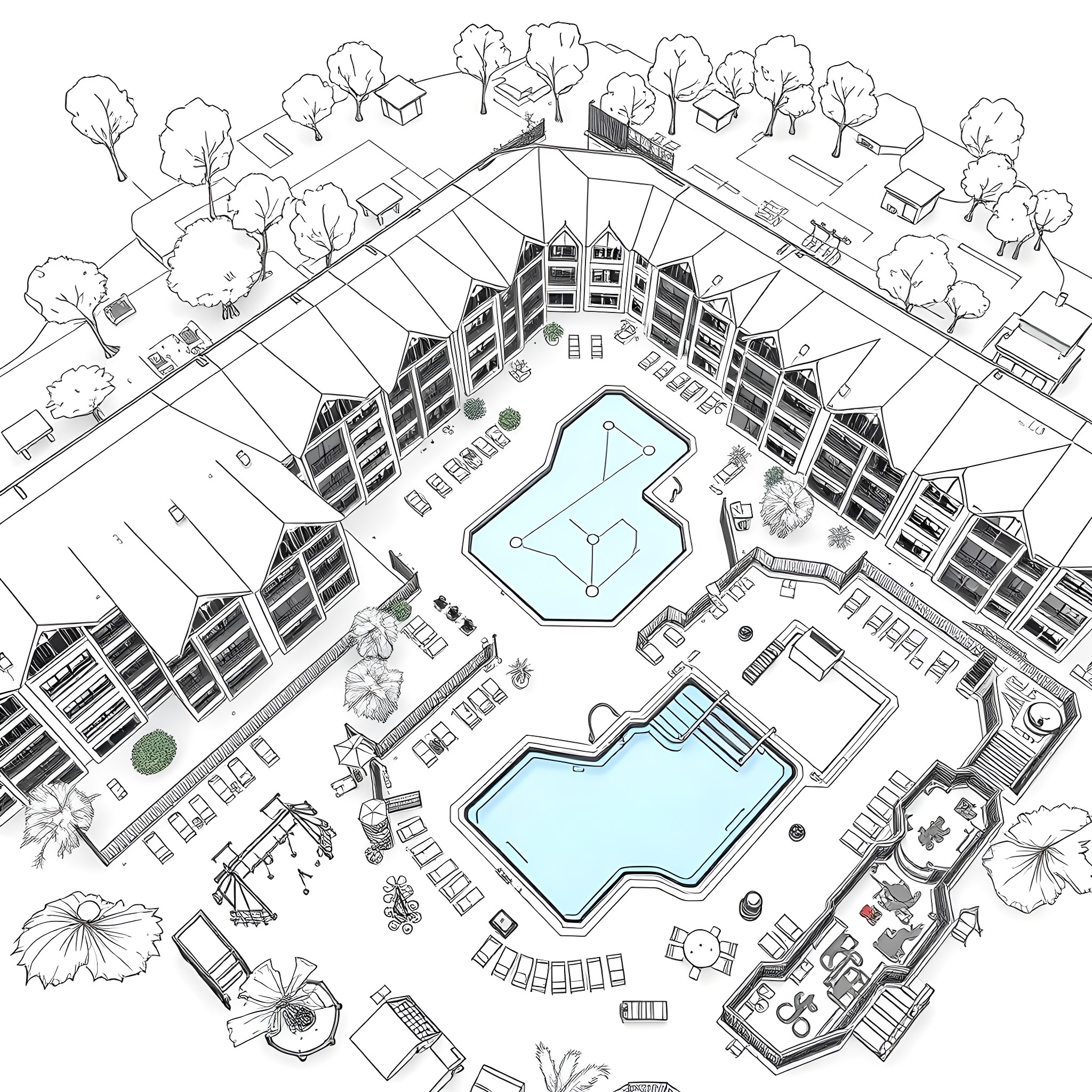 Apartment Complex with Outdoor Amenities Coloring Page (free black-and-white line drawing printable PDF for all, from beginners to advanced learners, including children, teens, adults, and seniors)