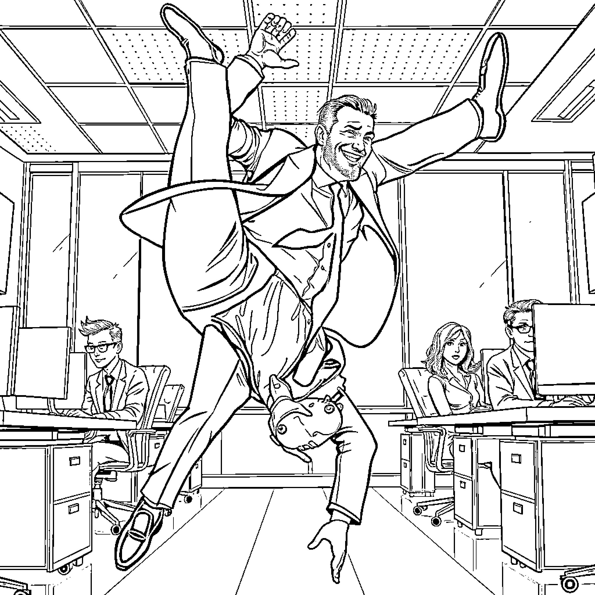 Guy triumphantly jumping in the office Coloring Page (free black-and-white line drawing printable PDF for all, from beginners to advanced learners, including children, teens, adults, and seniors)