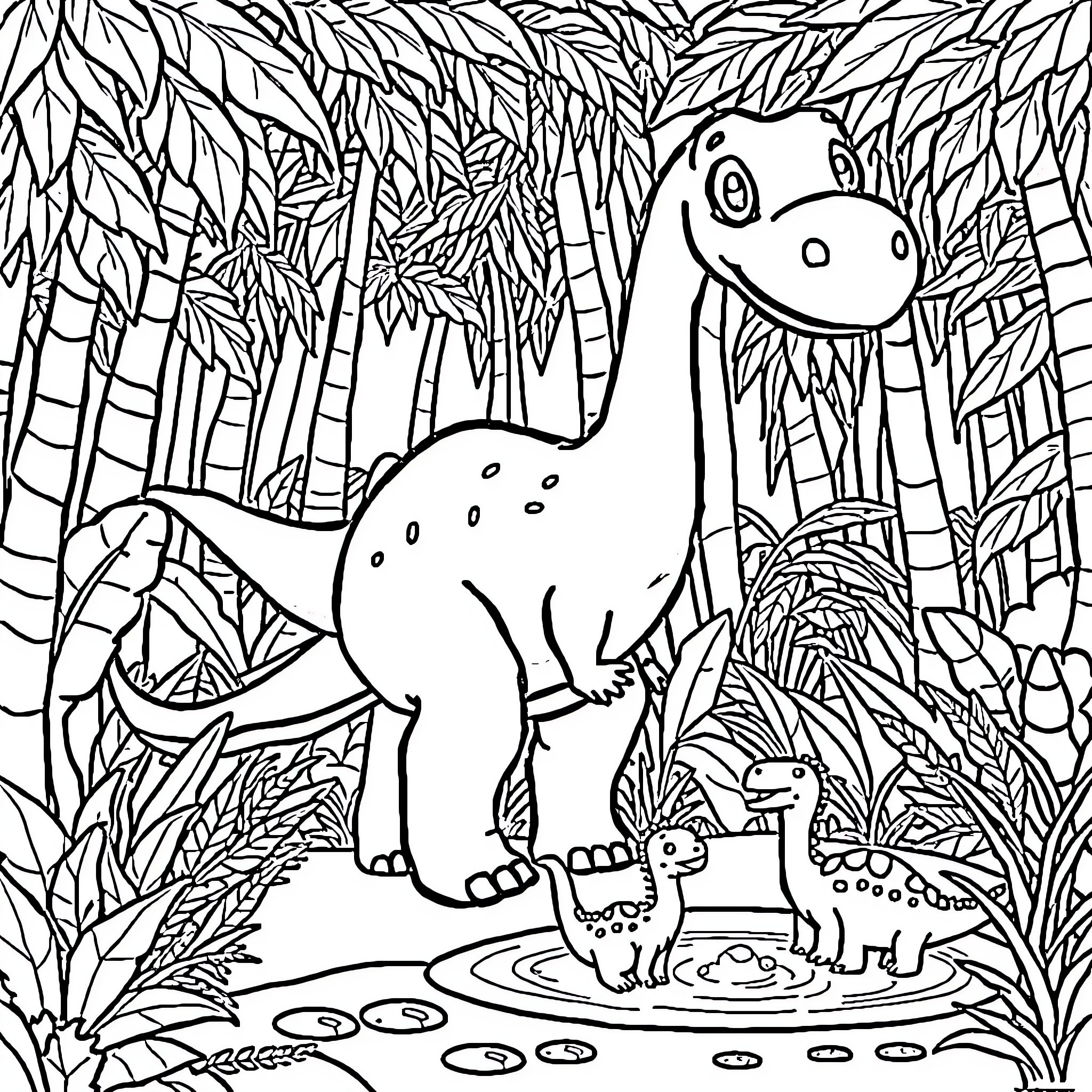 Dinosaur in a lush jungle Coloring Page (free black-and-white line drawing printable PDF for all, from beginners to advanced learners, including children, teens, adults, and seniors)