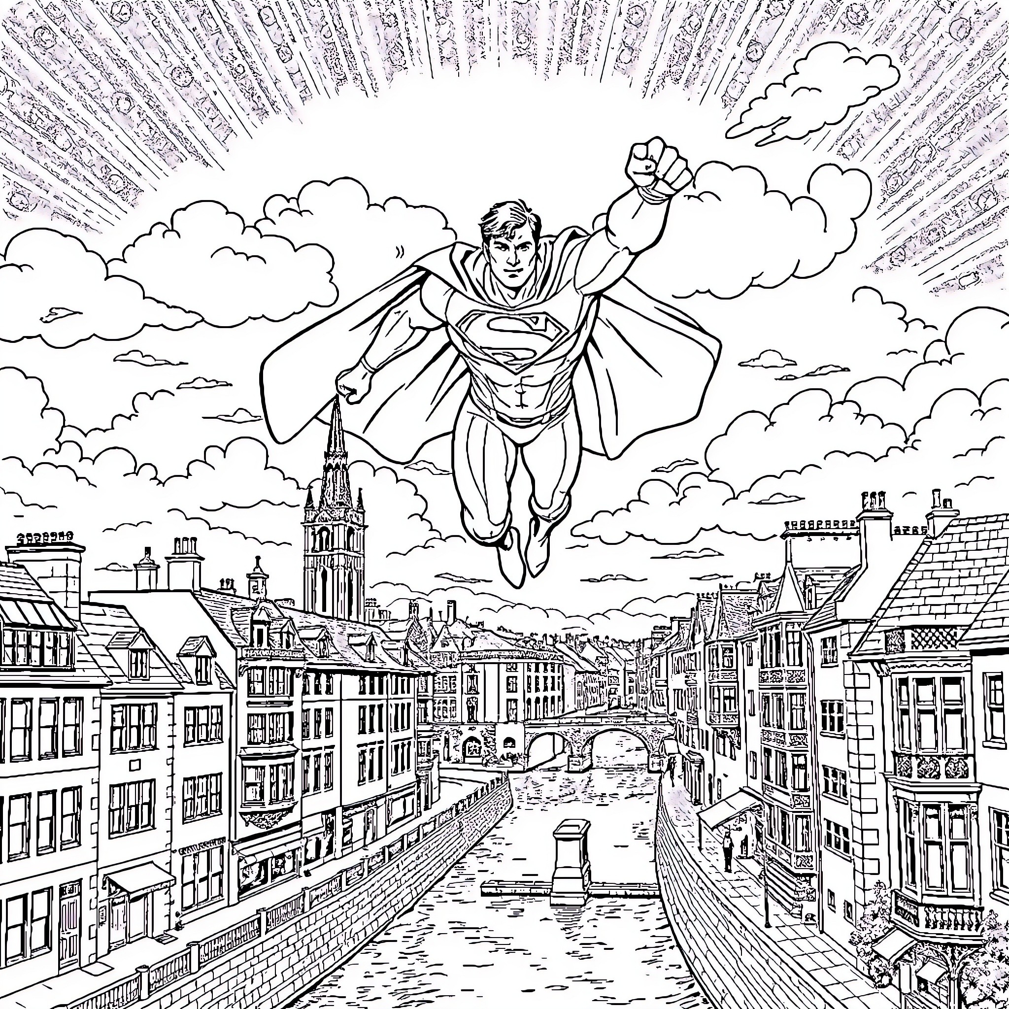 Superman soaring heroically over city skyline Coloring Page (free black-and-white line drawing printable PDF for all, from beginners to advanced learners, including children, teens, adults, and seniors)