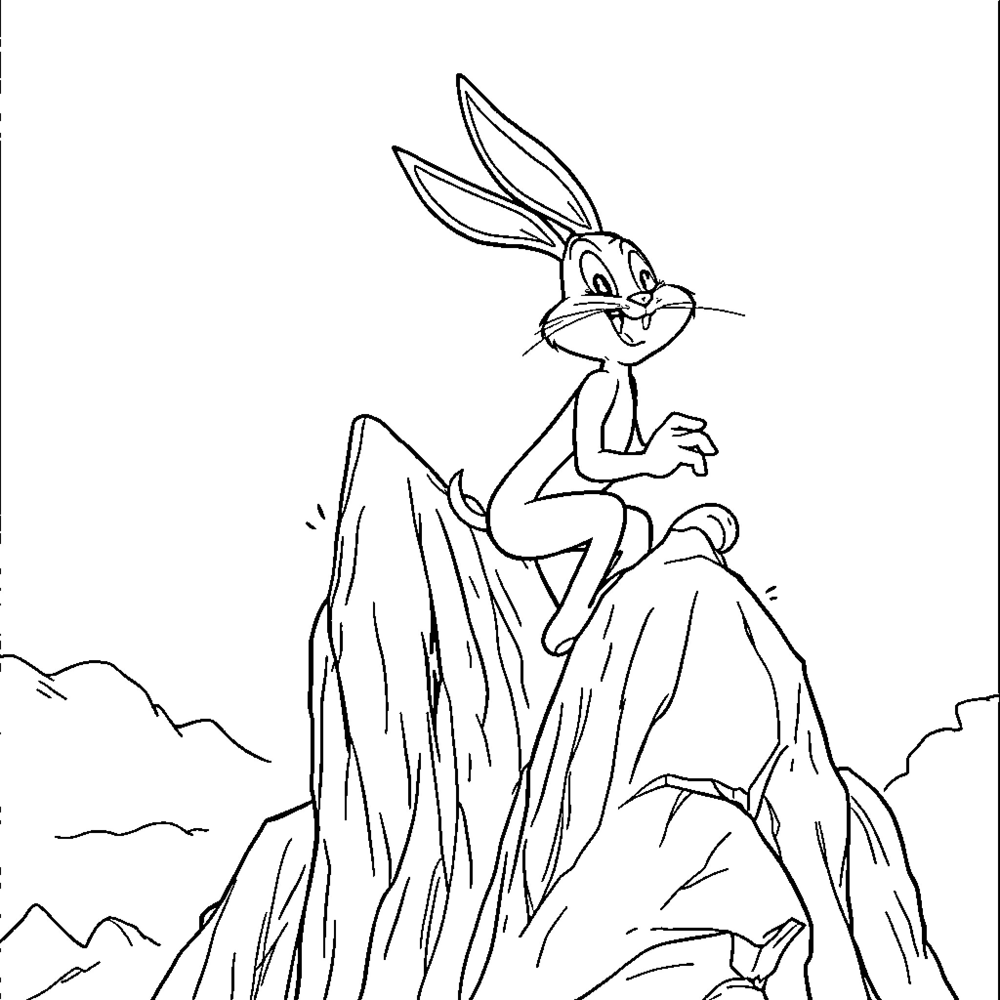 Bugs Bunny scaling a mountain Coloring Page (free black-and-white line drawing printable PDF for all, from beginners to advanced learners, including children, teens, adults, and seniors)