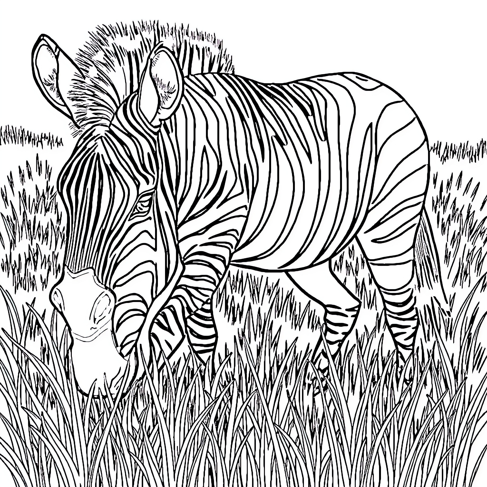 Zebra standing amidst tall grass Coloring Page (free black-and-white line drawing printable PDF for all, from beginners to advanced learners, including children, teens, adults, and seniors)