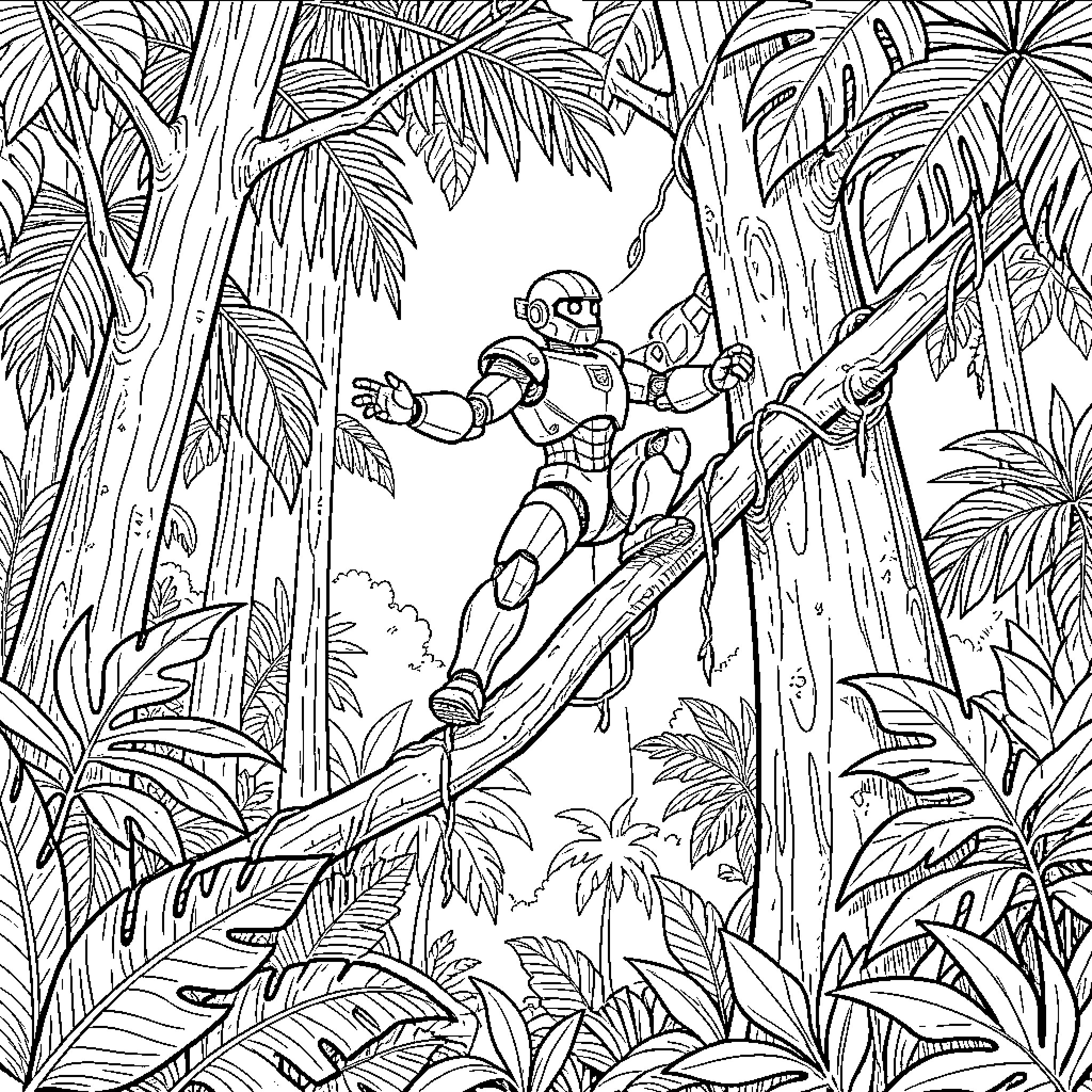 Robot balancing on a tree branch in the jungle Coloring Page (free black-and-white line drawing printable PDF for all, from beginners to advanced learners, including children, teens, adults, and seniors)