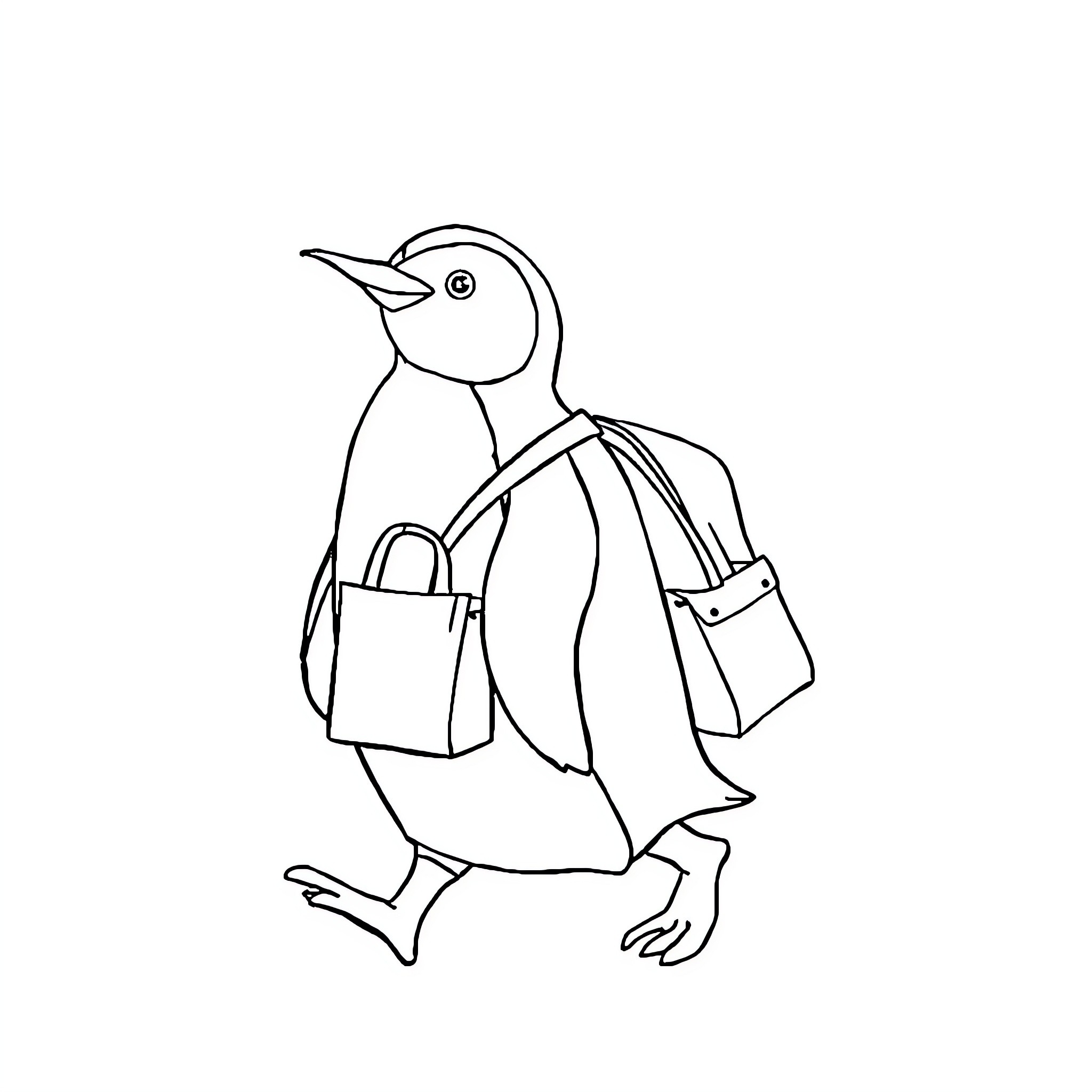 Penguin with backpack walking Coloring Page (free black-and-white line drawing printable PDF for all, from beginners to advanced learners, including children, teens, adults, and seniors)