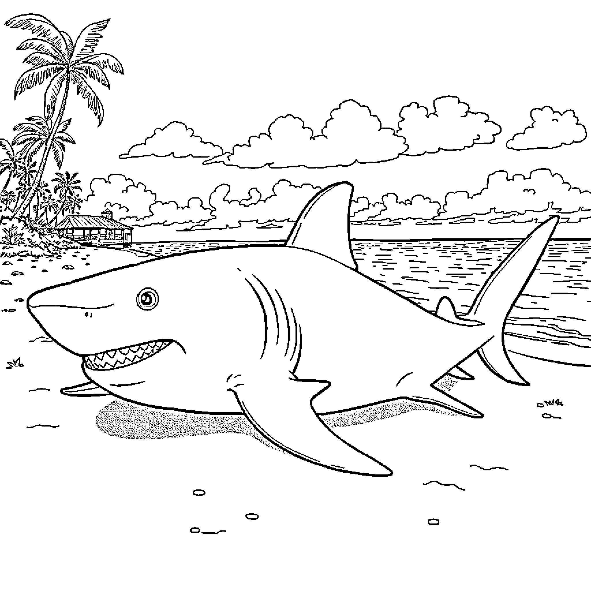 Shark swimming happily in tropical waters Coloring Page (free black-and-white line drawing printable PDF for all, from beginners to advanced learners, including children, teens, adults, and seniors)