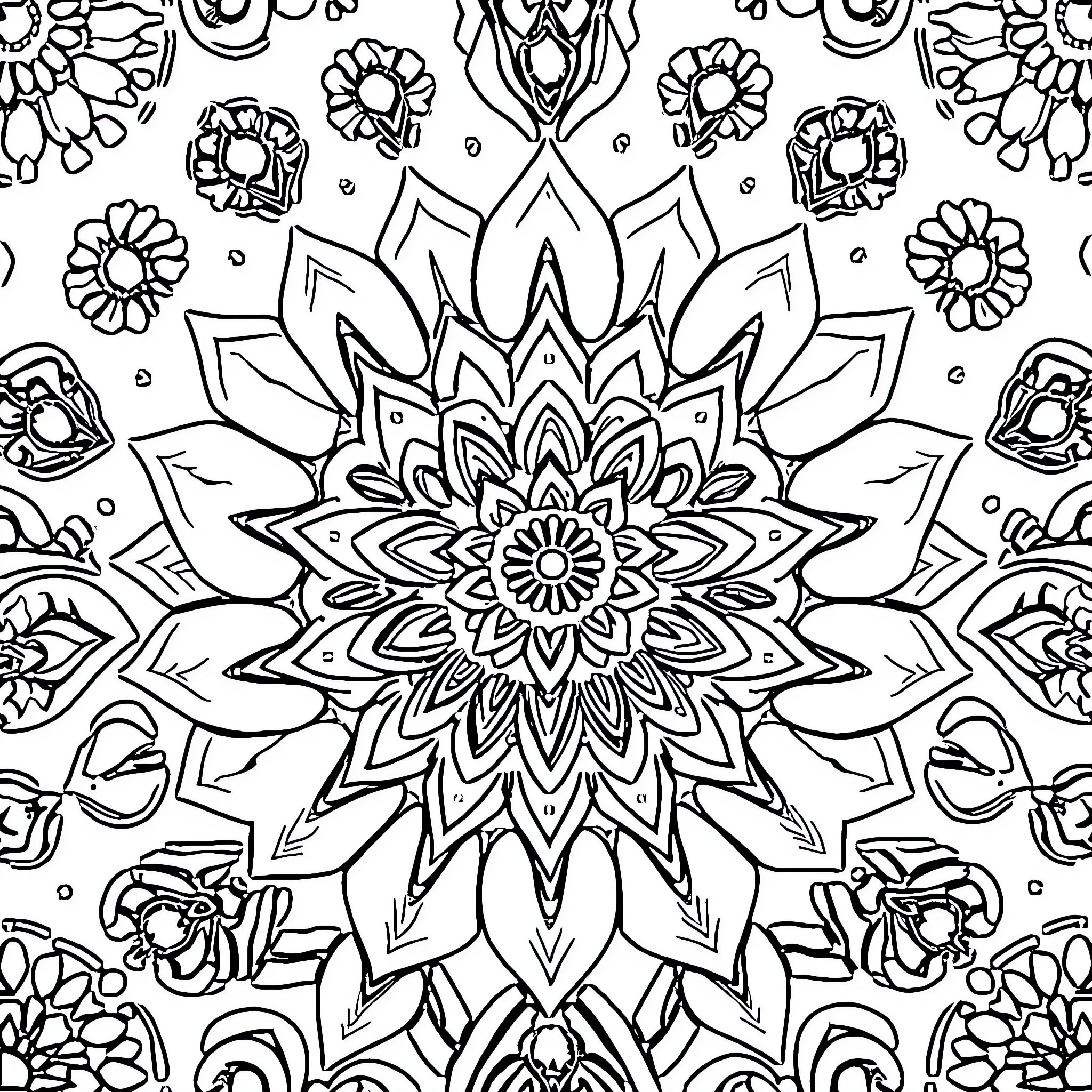 Pattern of intricate floral designs Coloring Page (free black-and-white line drawing printable PDF for all, from beginners to advanced learners, including children, teens, adults, and seniors)