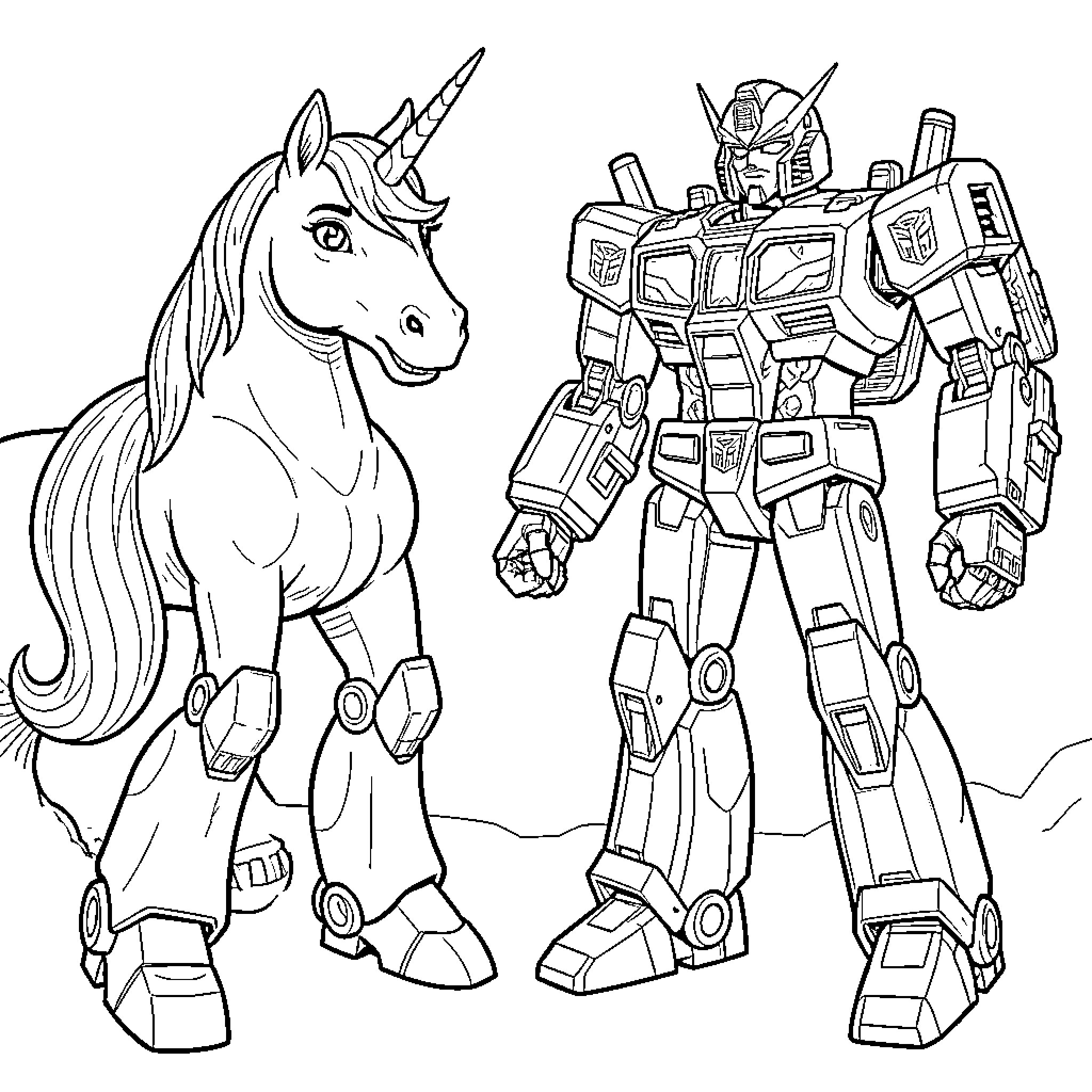 Unicorn and Robotic Warrior in Technological Scene Coloring Page (free black-and-white line drawing printable PDF for all, from beginners to advanced learners, including children, teens, adults, and seniors)