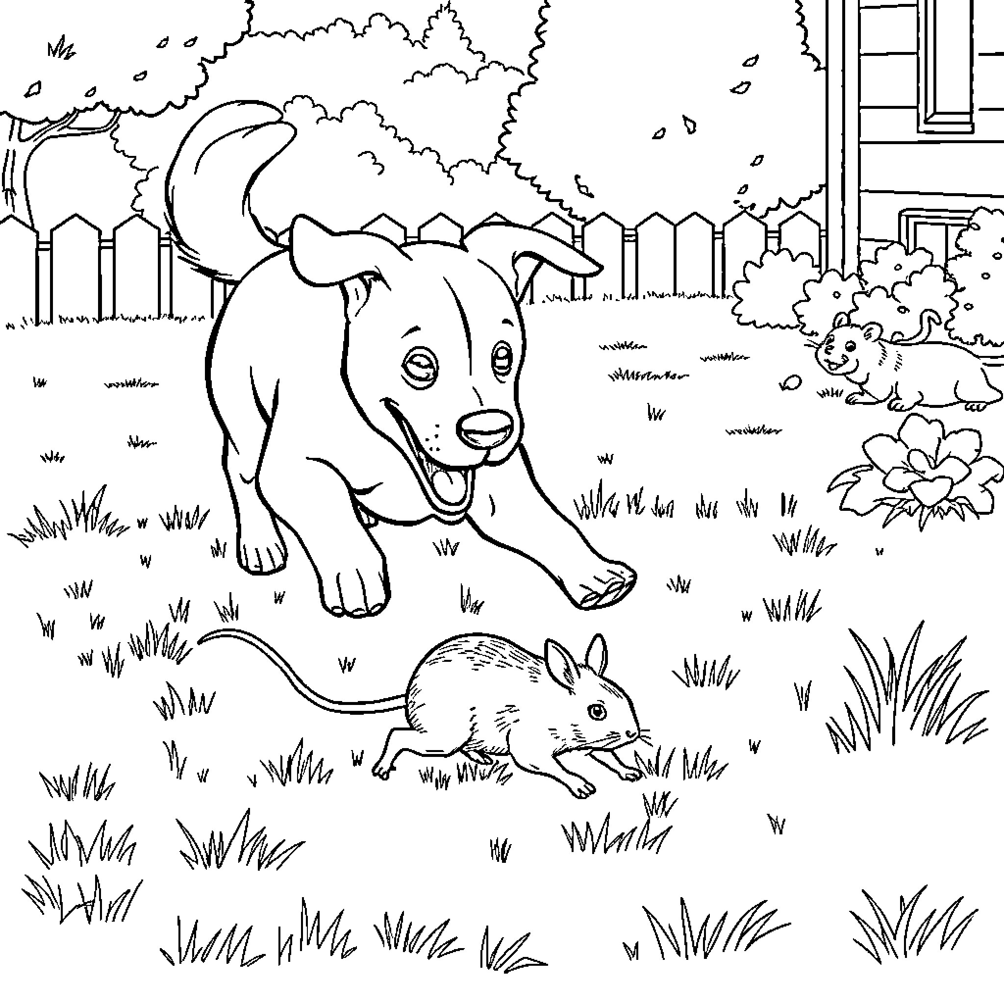Dog and rabbit playing in the park Coloring Page (free black-and-white line drawing printable PDF for all, from beginners to advanced learners, including children, teens, adults, and seniors)