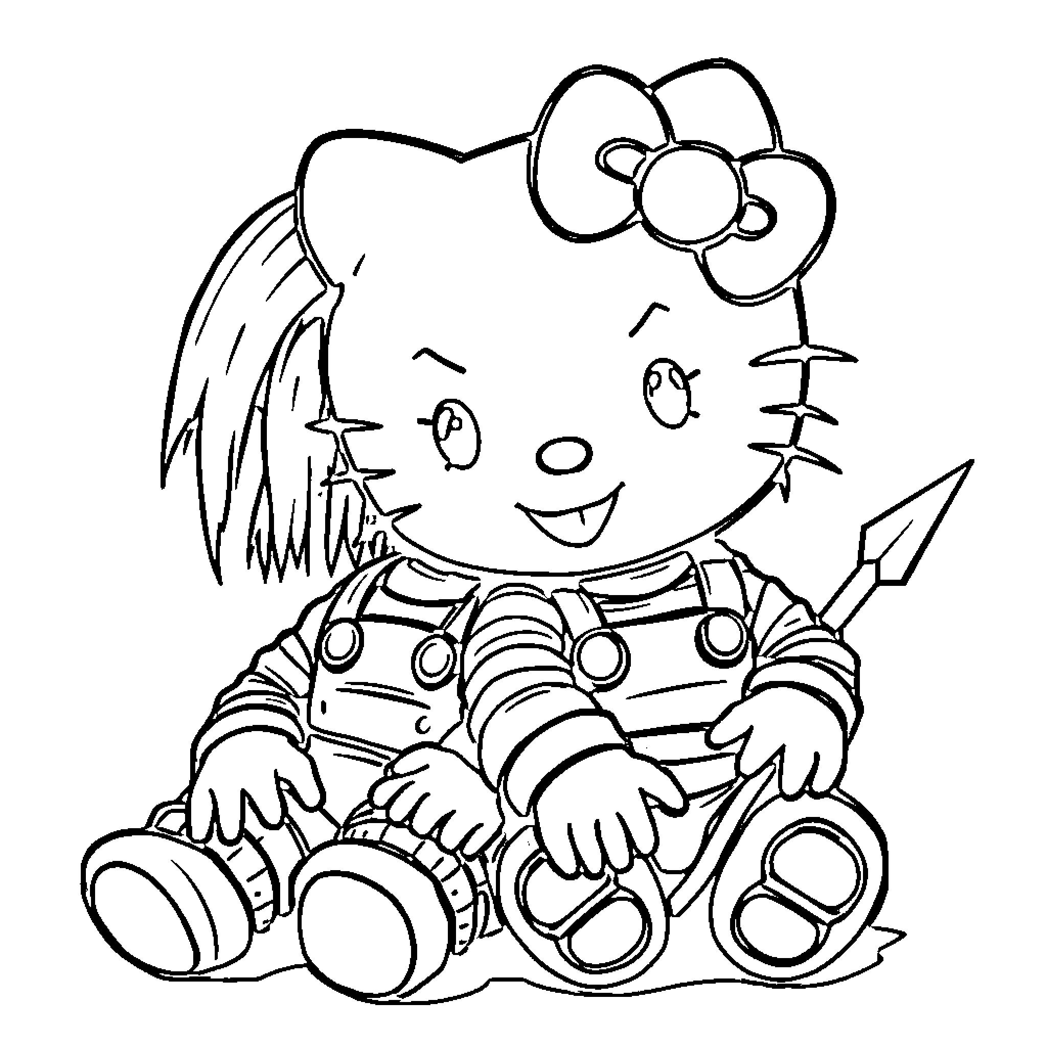 Hello Kitty in Casual Outfit Playing with Toys Coloring Page (free black-and-white line drawing printable PDF for all, from beginners to advanced learners, including children, teens, adults, and seniors)
