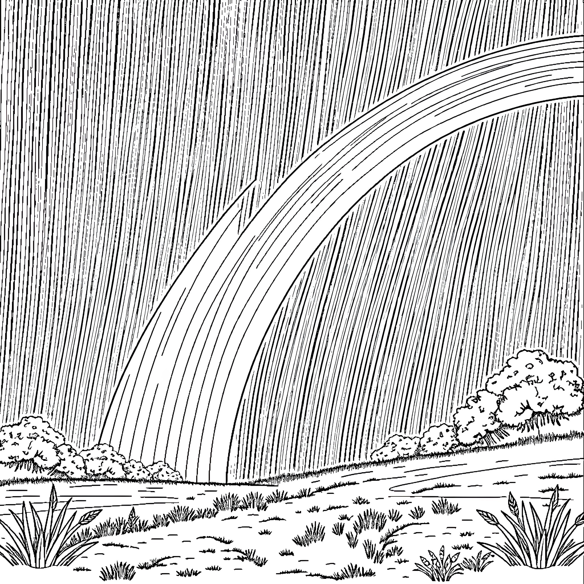 Rainbow Arch Over Grassy Field Coloring Page (free black-and-white line drawing printable PDF for all, from beginners to advanced learners, including children, teens, adults, and seniors)