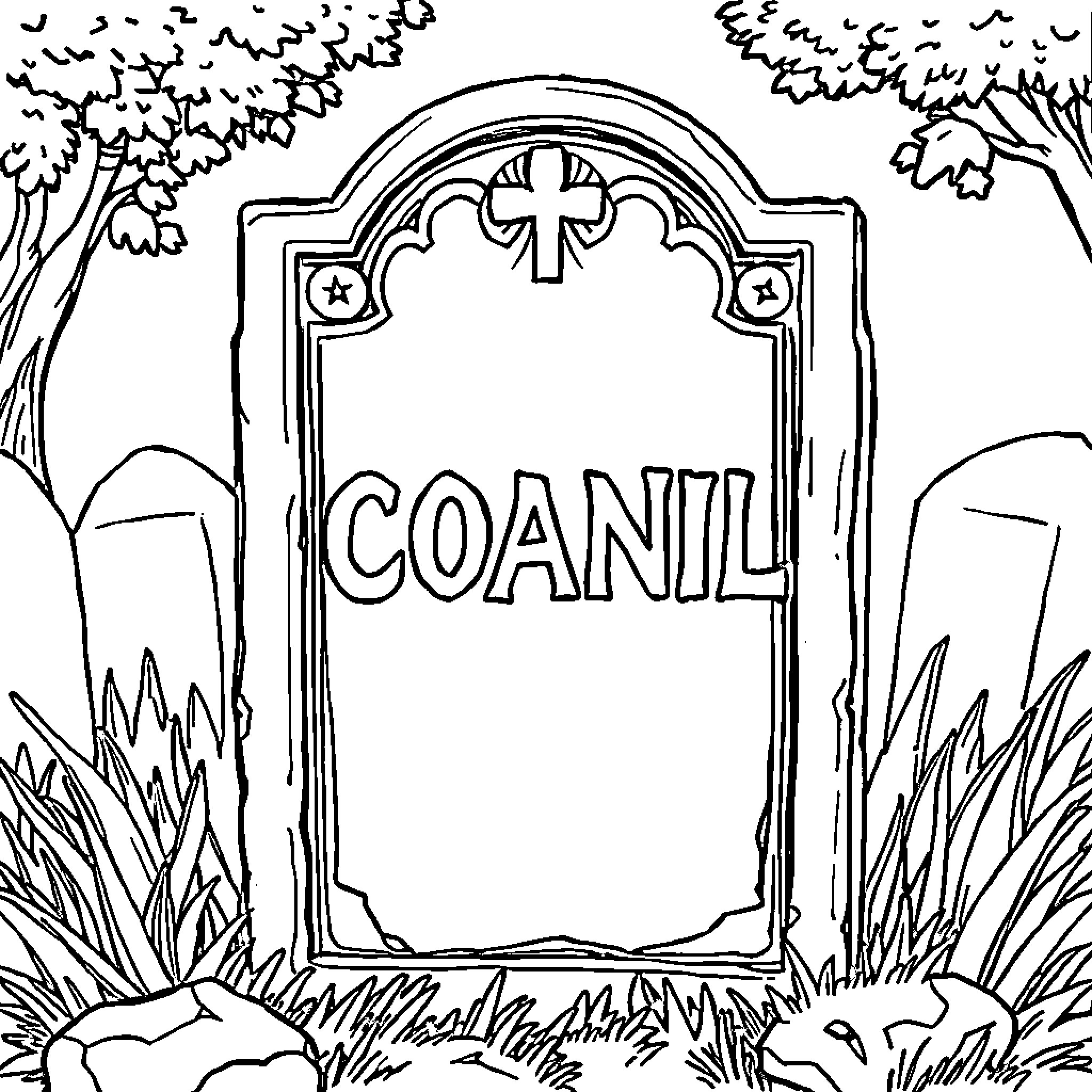 Tomb with Ornate Cross in Grassy Outdoor Scene Coloring Page (free black-and-white line drawing printable PDF for all, from beginners to advanced learners, including children, teens, adults, and seniors)