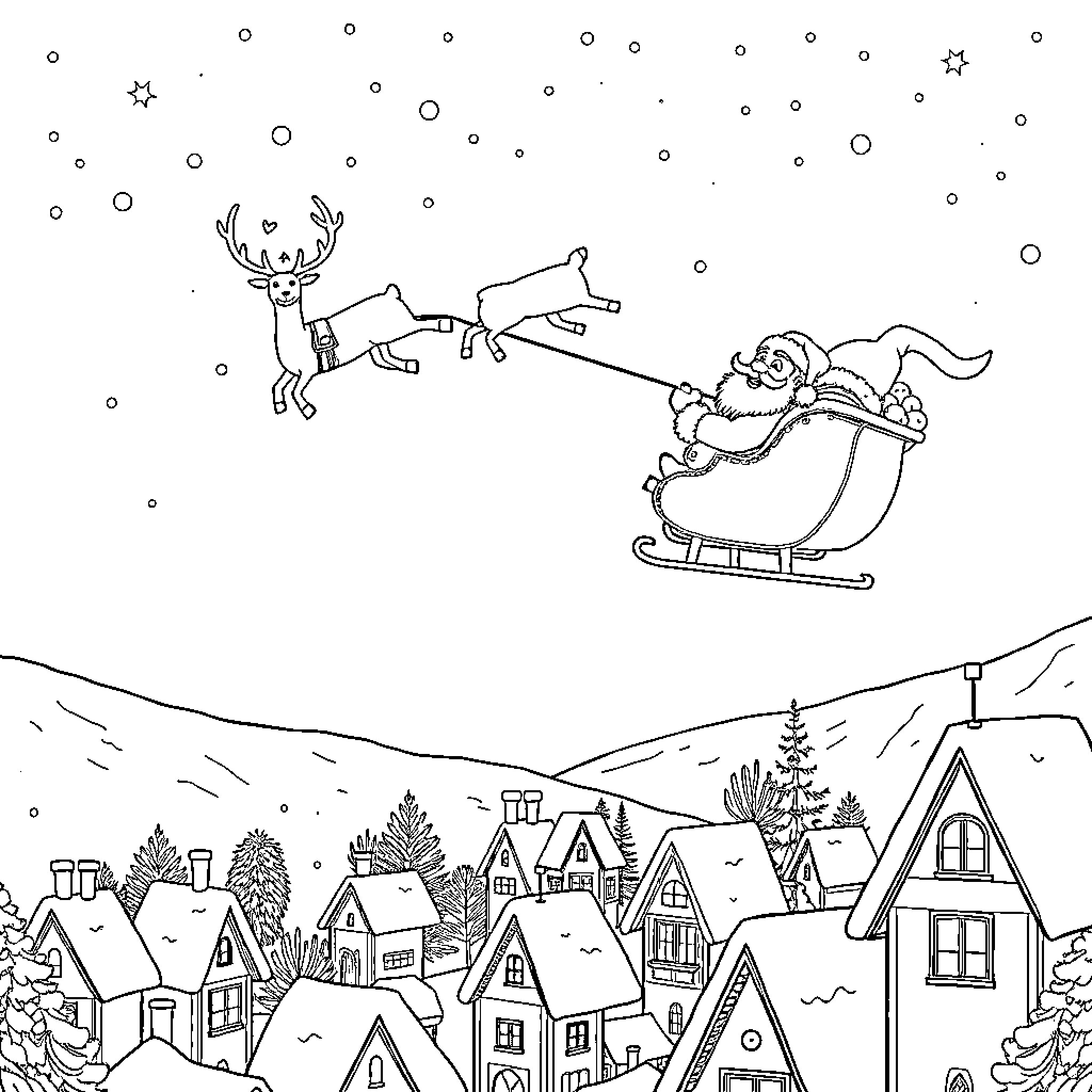 Santa Claus riding sleigh with reindeer over snowy village Coloring Page (free black-and-white line drawing printable PDF for all, from beginners to advanced learners, including children, teens, adults, and seniors)
