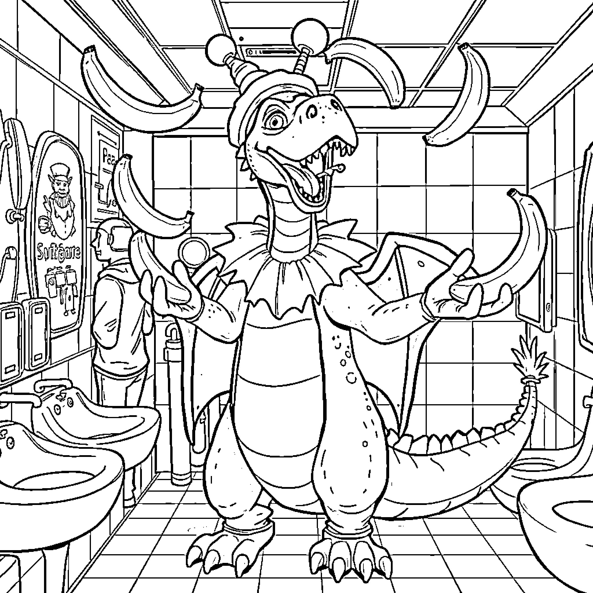 Dragon standing in bathroom with various items Coloring Page (free black-and-white line drawing printable PDF for all, from beginners to advanced learners, including children, teens, adults, and seniors)