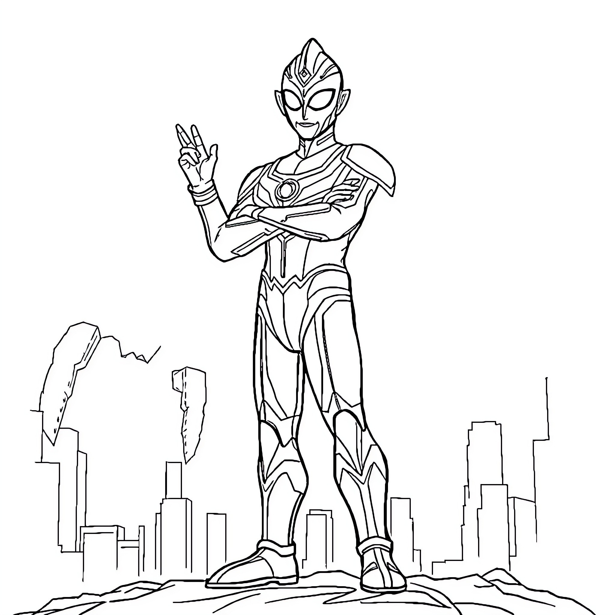 Ultraman hero posing in cityscape Coloring Page (free black-and-white line drawing printable PDF for all, from beginners to advanced learners, including children, teens, adults, and seniors)