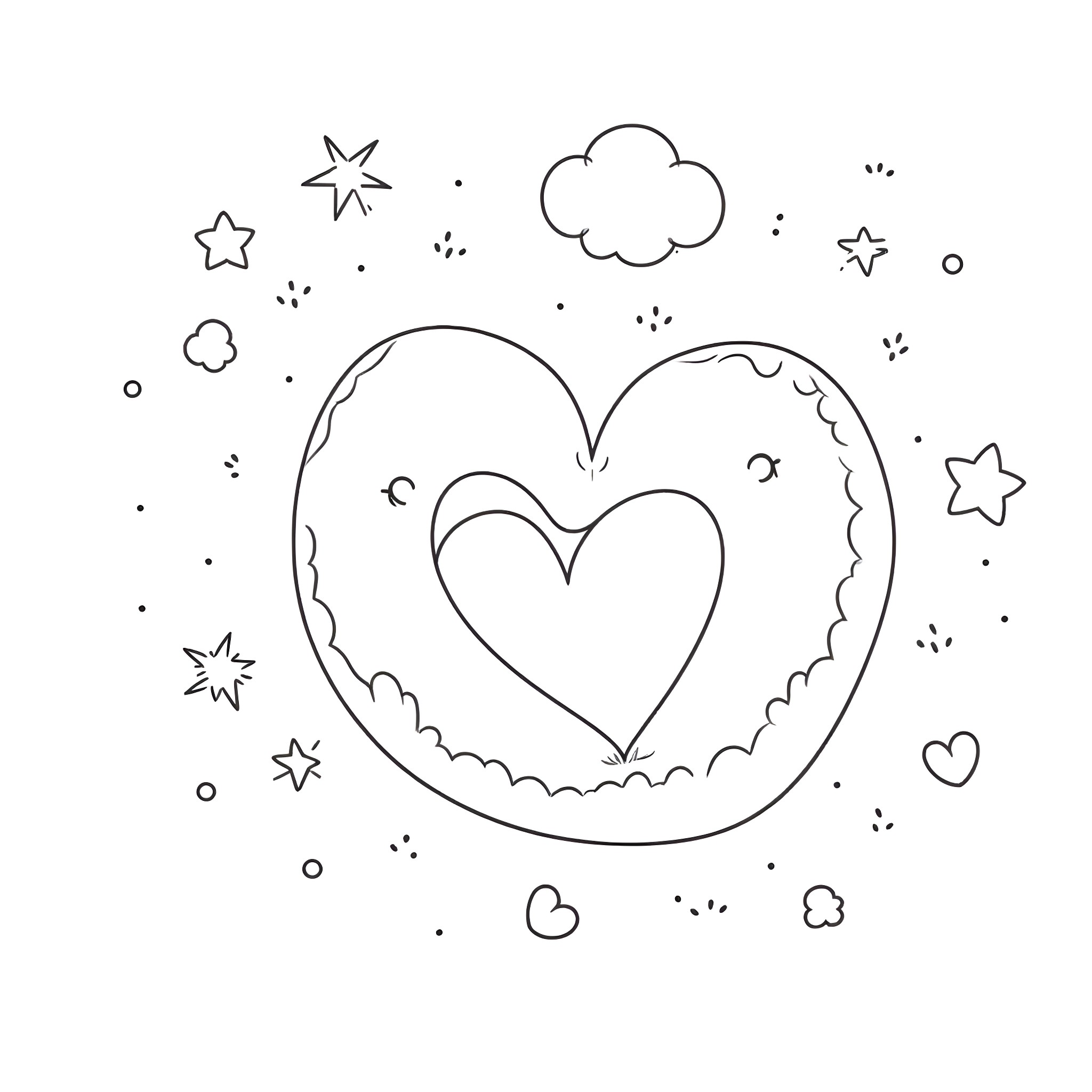 Love in the starry night Coloring Page (free black-and-white line drawing printable PDF for all, from beginners to advanced learners, including children, teens, adults, and seniors)