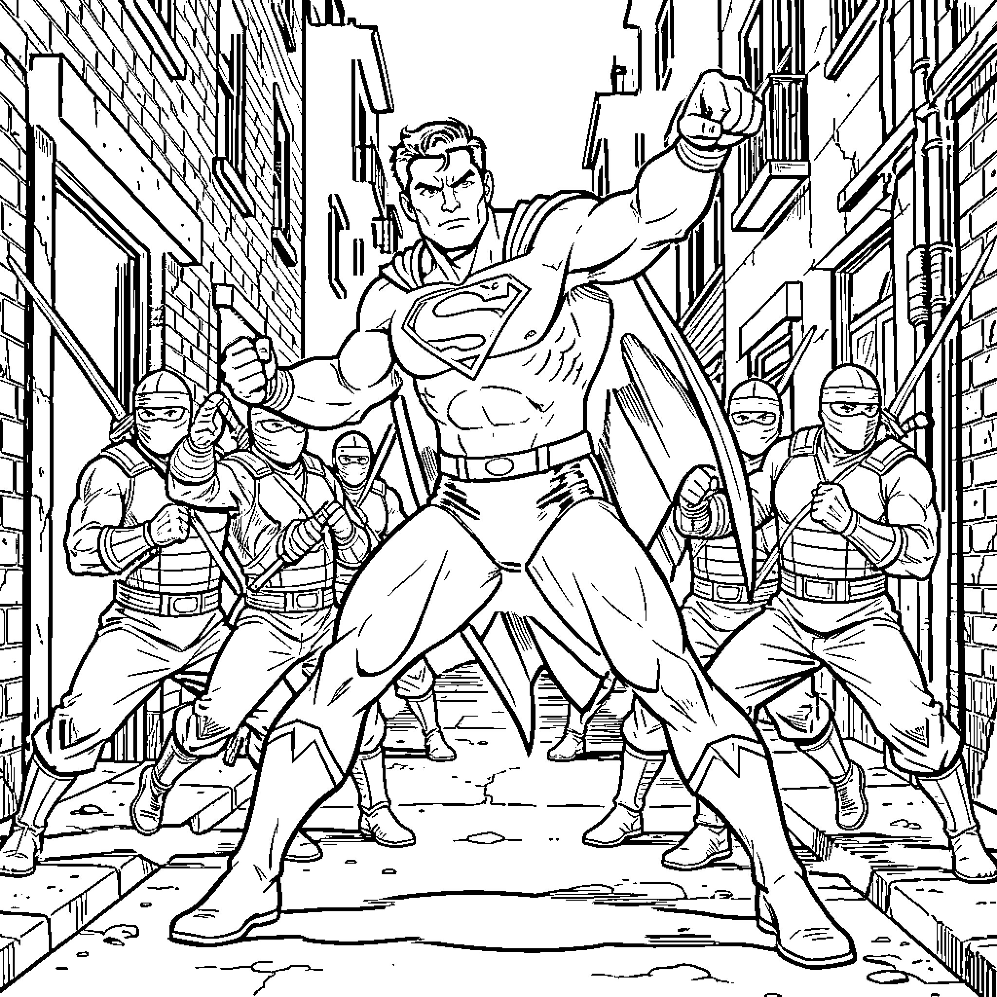 Superman standing heroically among fighters in an alleyway Coloring Page (free black-and-white line drawing printable PDF for all, from beginners to advanced learners, including children, teens, adults, and seniors)