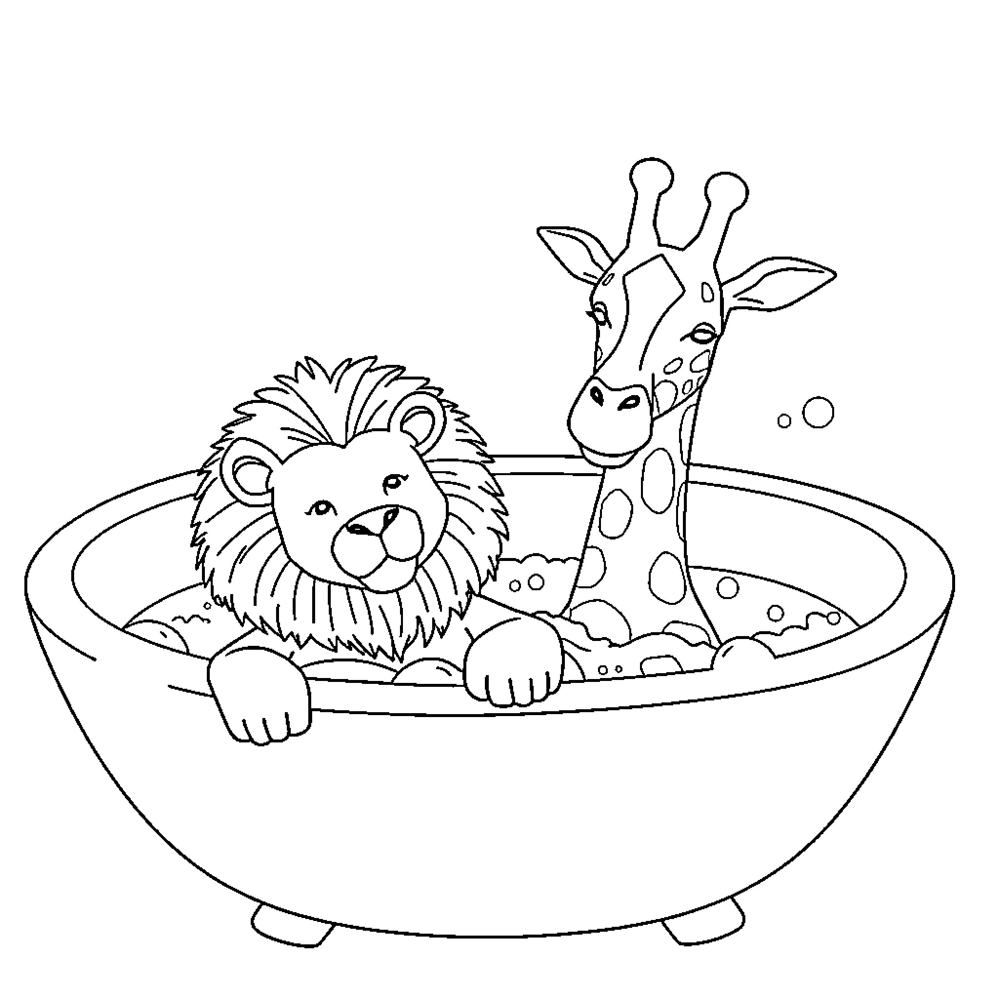 Lion and Giraffe Relaxing in Bathtub Coloring Page (free black-and-white line drawing printable PDF for all, from beginners to advanced learners, including children, teens, adults, and seniors)