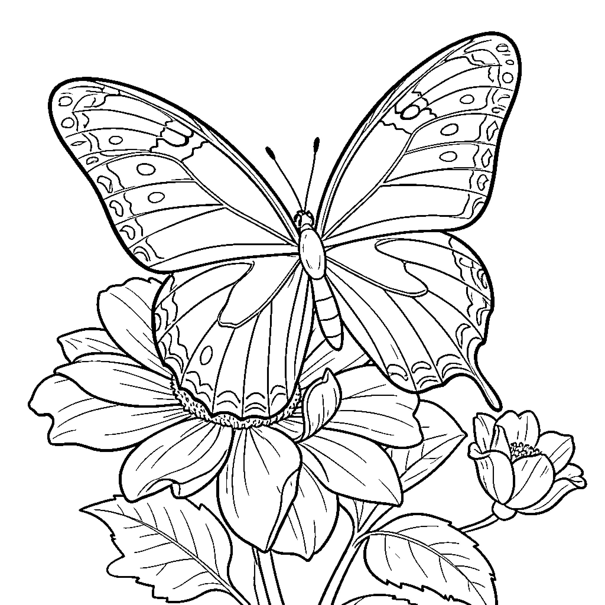 Butterfly perched on vibrant flowers Coloring Page (free black-and-white line drawing printable PDF for all, from beginners to advanced learners, including children, teens, adults, and seniors)