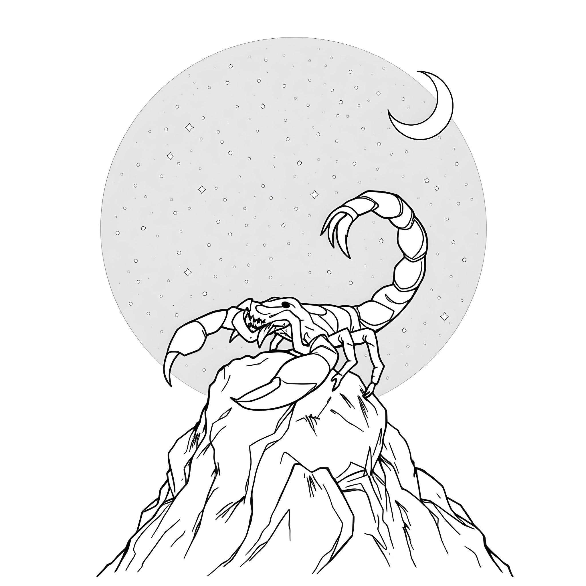 Scorpio creature under starry night sky Coloring Page (free black-and-white line drawing printable PDF for all, from beginners to advanced learners, including children, teens, adults, and seniors)