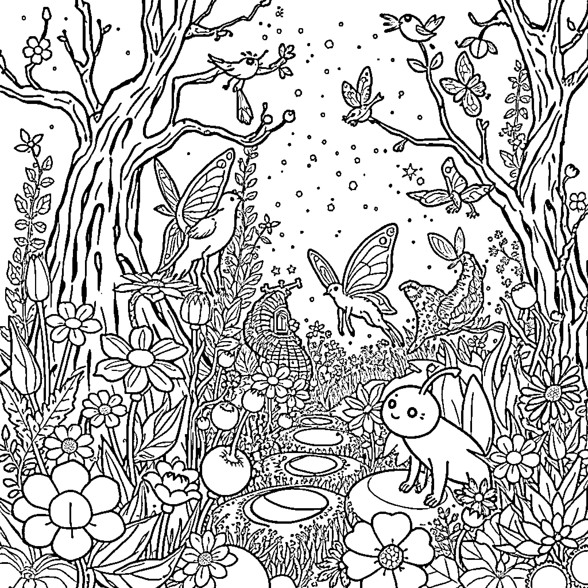 Fey forest creatures in whimsical woodland scene Coloring Page (free black-and-white line drawing printable PDF for all, from beginners to advanced learners, including children, teens, adults, and seniors)