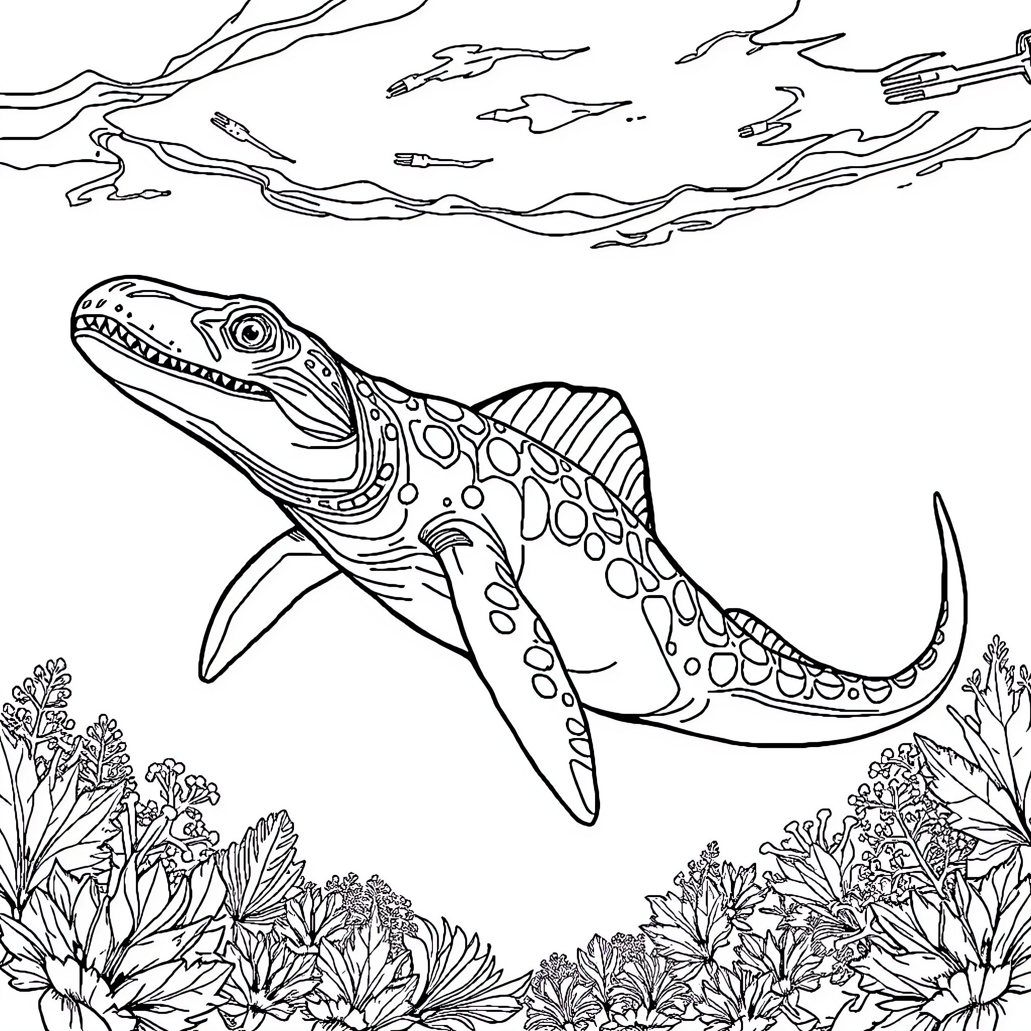 Mosasaurus swimming among vibrant sea flora Coloring Page (free black-and-white line drawing printable PDF for all, from beginners to advanced learners, including children, teens, adults, and seniors)