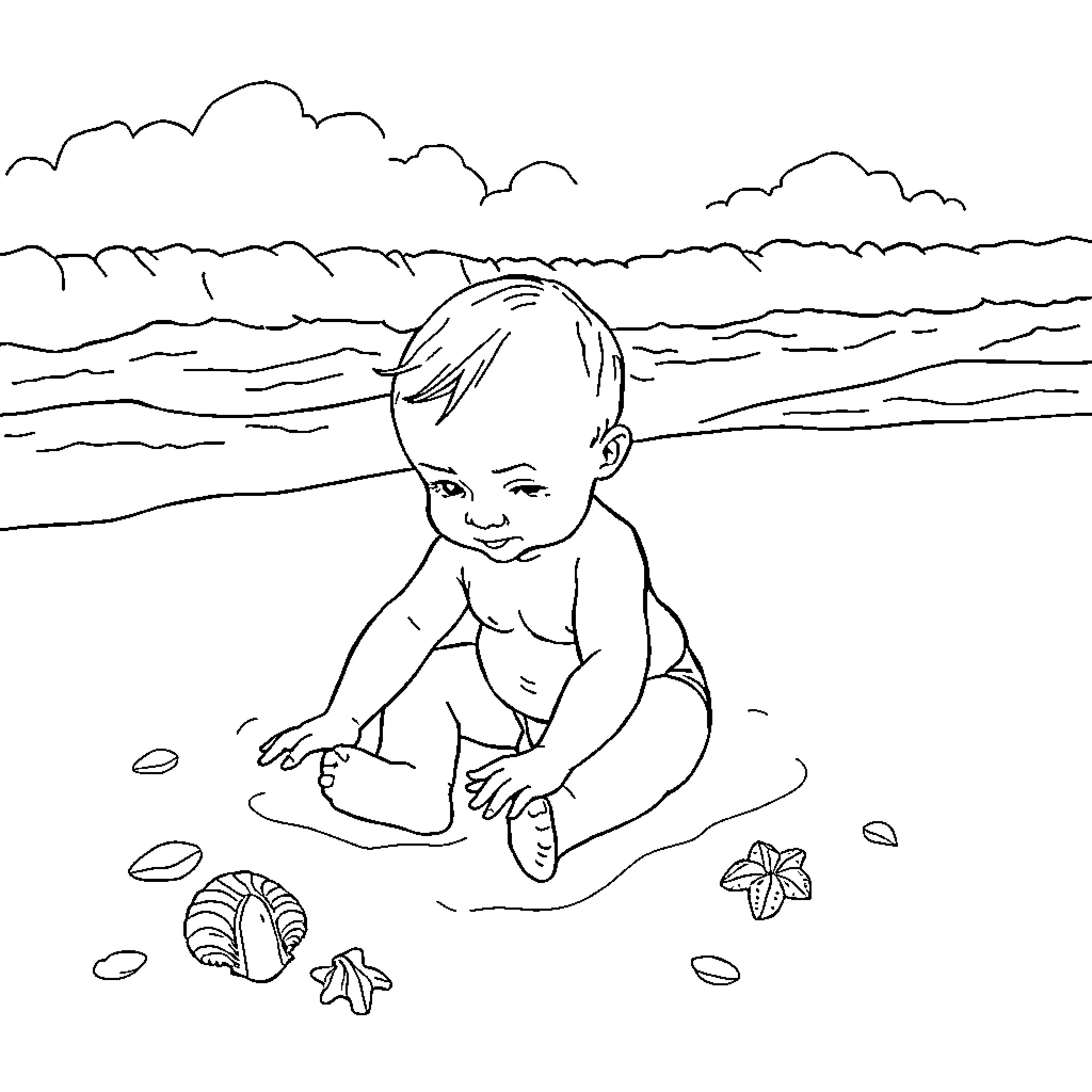 Baby playing in the sand by the ocean Coloring Page (free black-and-white line drawing printable PDF for all, from beginners to advanced learners, including children, teens, adults, and seniors)