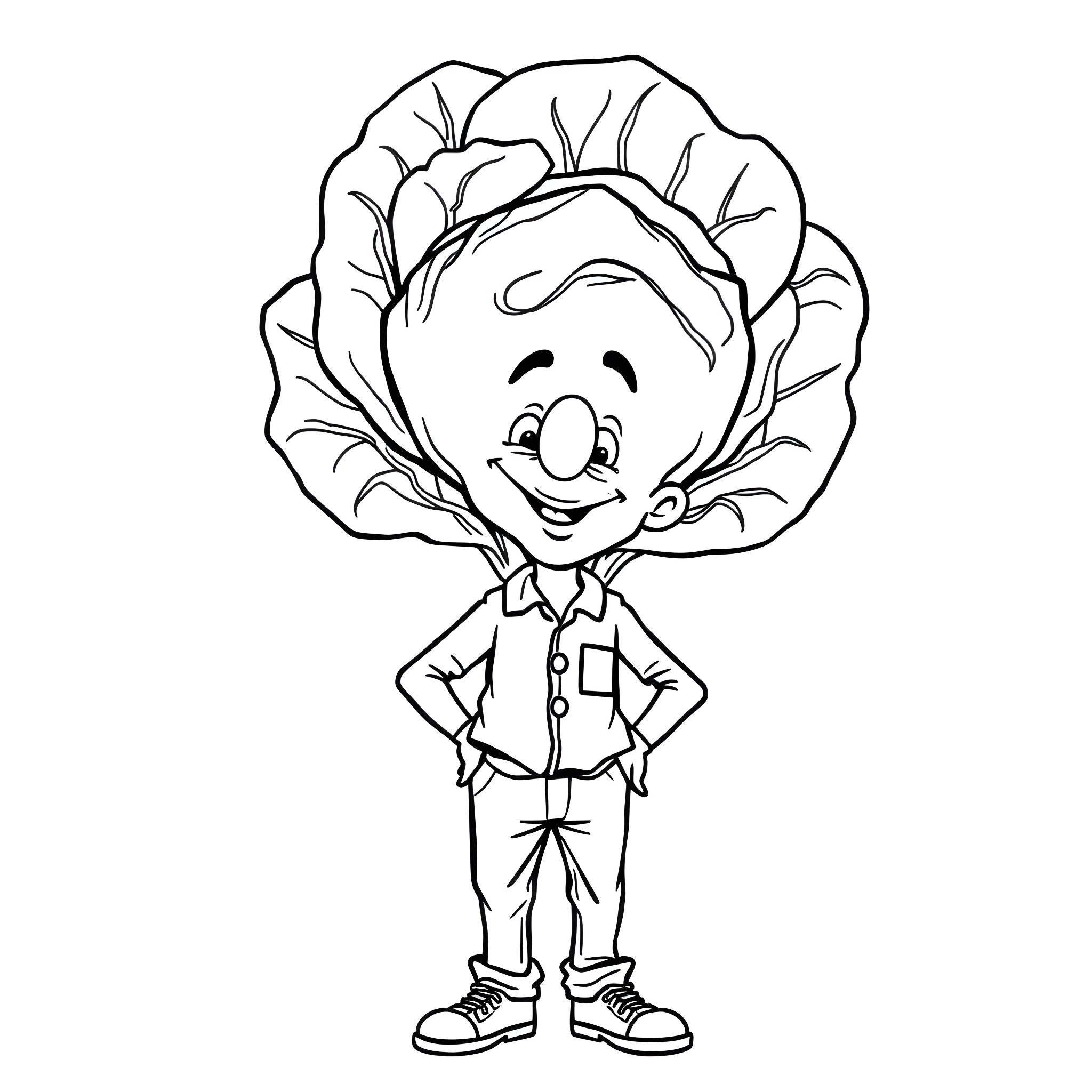 Cabbage Man with a Friendly Expression Coloring Page (free black-and-white line drawing printable PDF for all, from beginners to advanced learners, including children, teens, adults, and seniors)