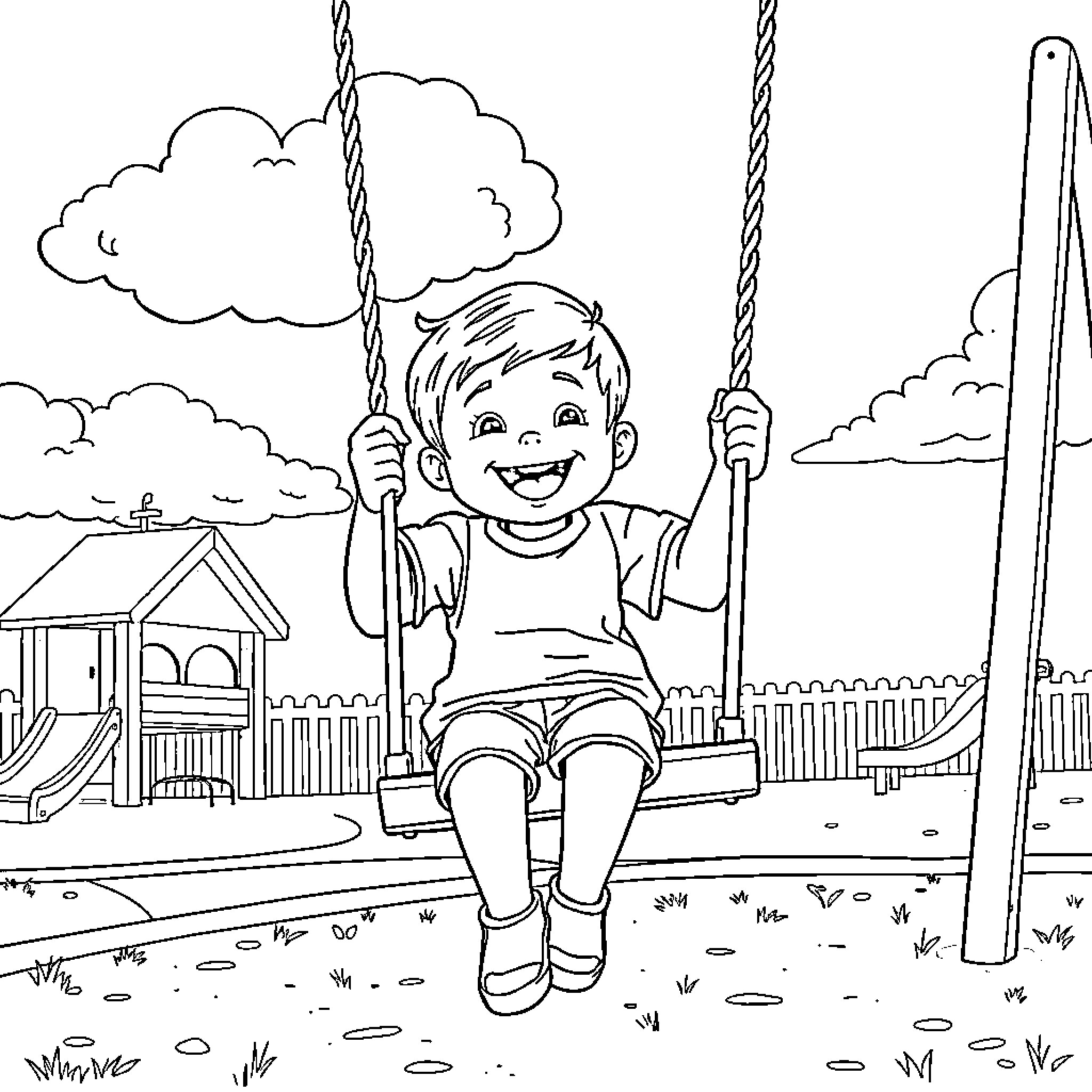 Boy swinging happily on a playground Coloring Page (free black-and-white line drawing printable PDF for all, from beginners to advanced learners, including children, teens, adults, and seniors)