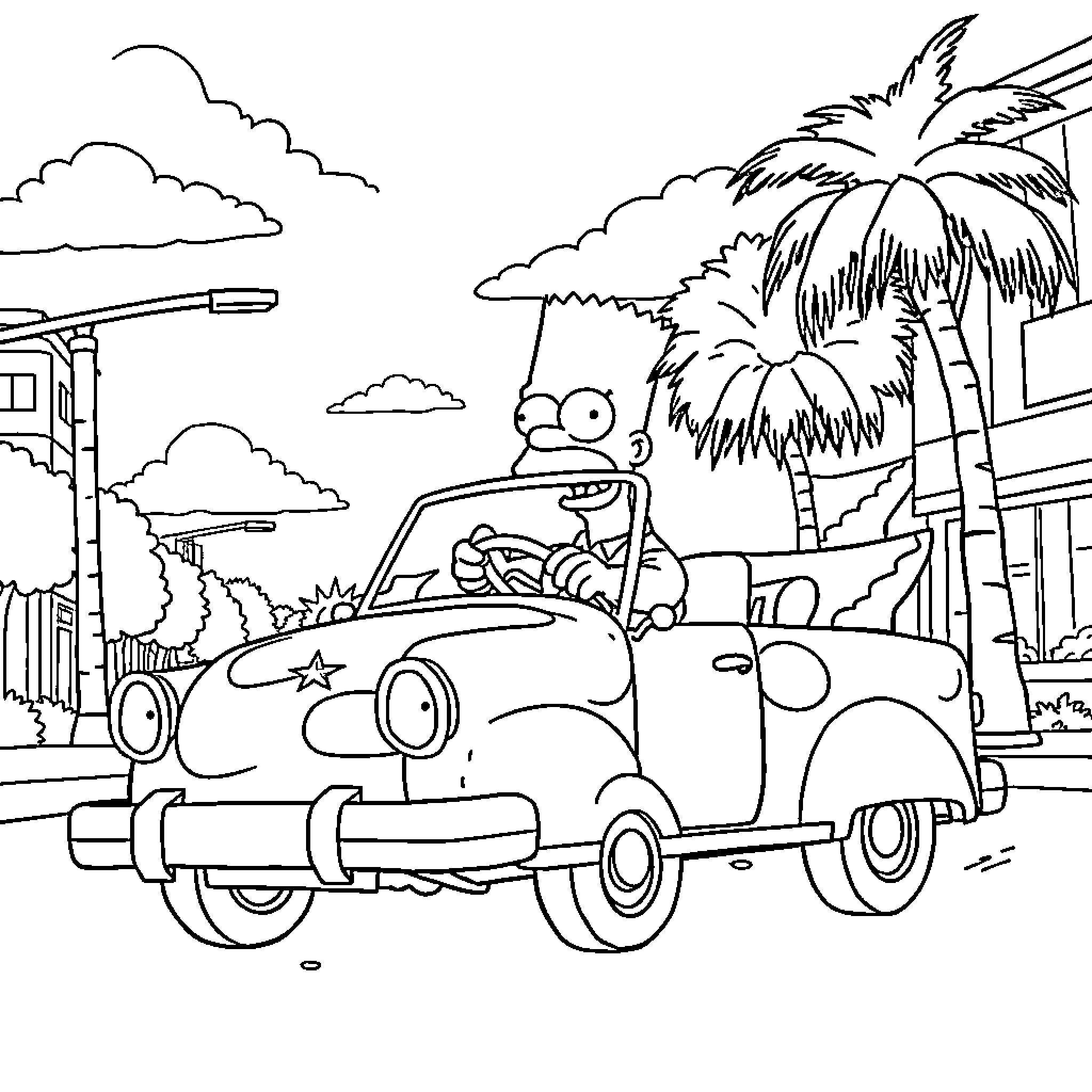Bart Simpson's wild road trip adventure Coloring Page (free black-and-white line drawing printable PDF for all, from beginners to advanced learners, including children, teens, adults, and seniors)
