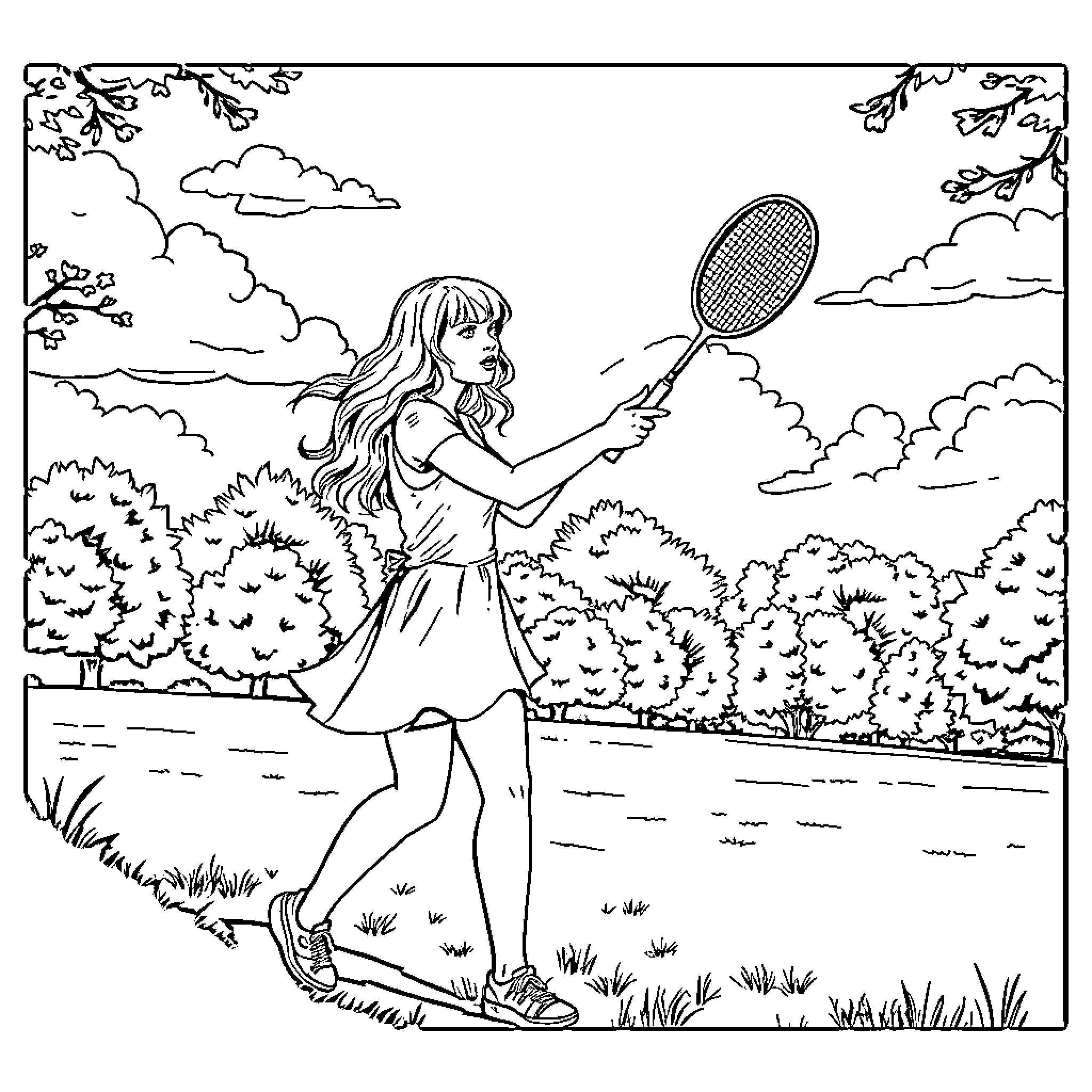 Taylor Swift playing tennis outdoors in nature Coloring Page (free black-and-white line drawing printable PDF for all, from beginners to advanced learners, including children, teens, adults, and seniors)