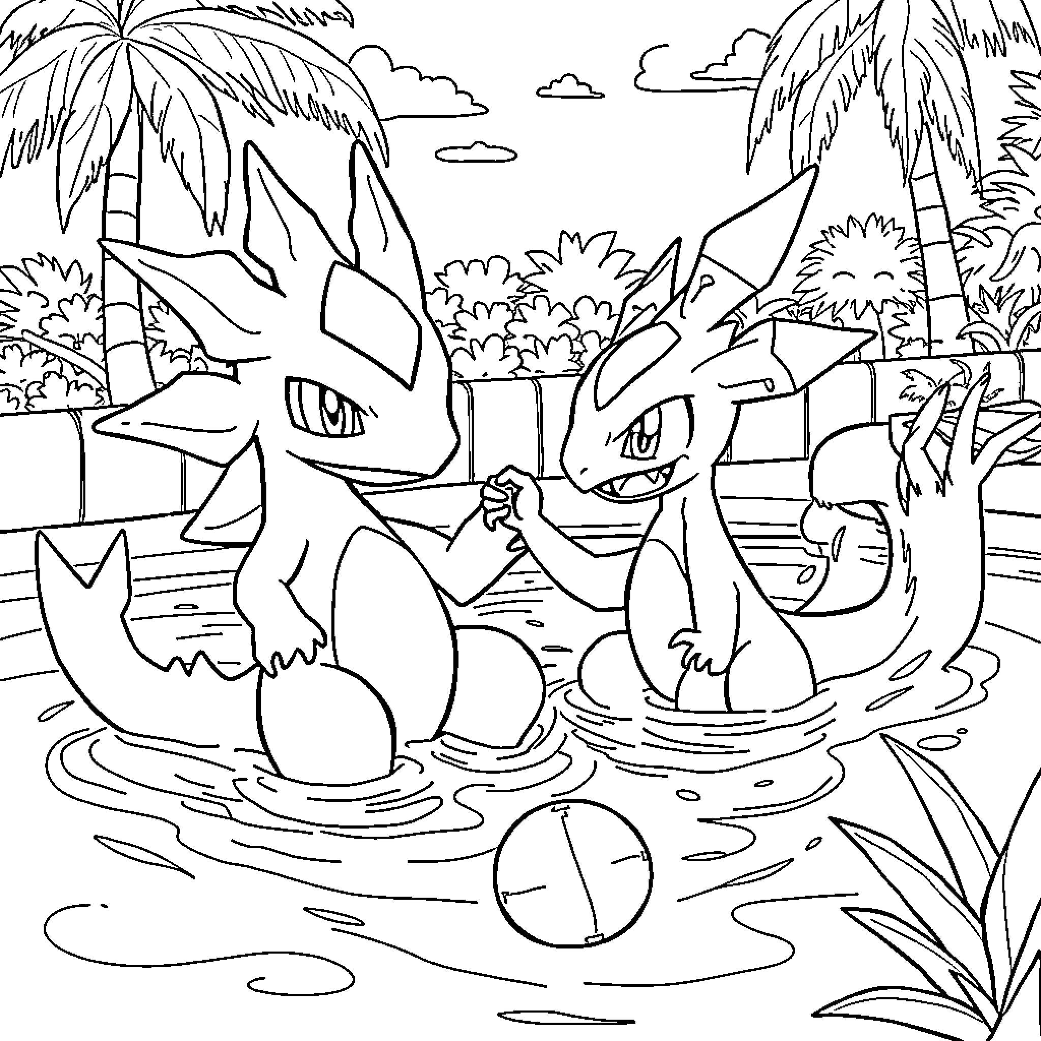 Digimon characters enjoying a tropical beach adventure Coloring Page (free black-and-white line drawing printable PDF for all, from beginners to advanced learners, including children, teens, adults, and seniors)