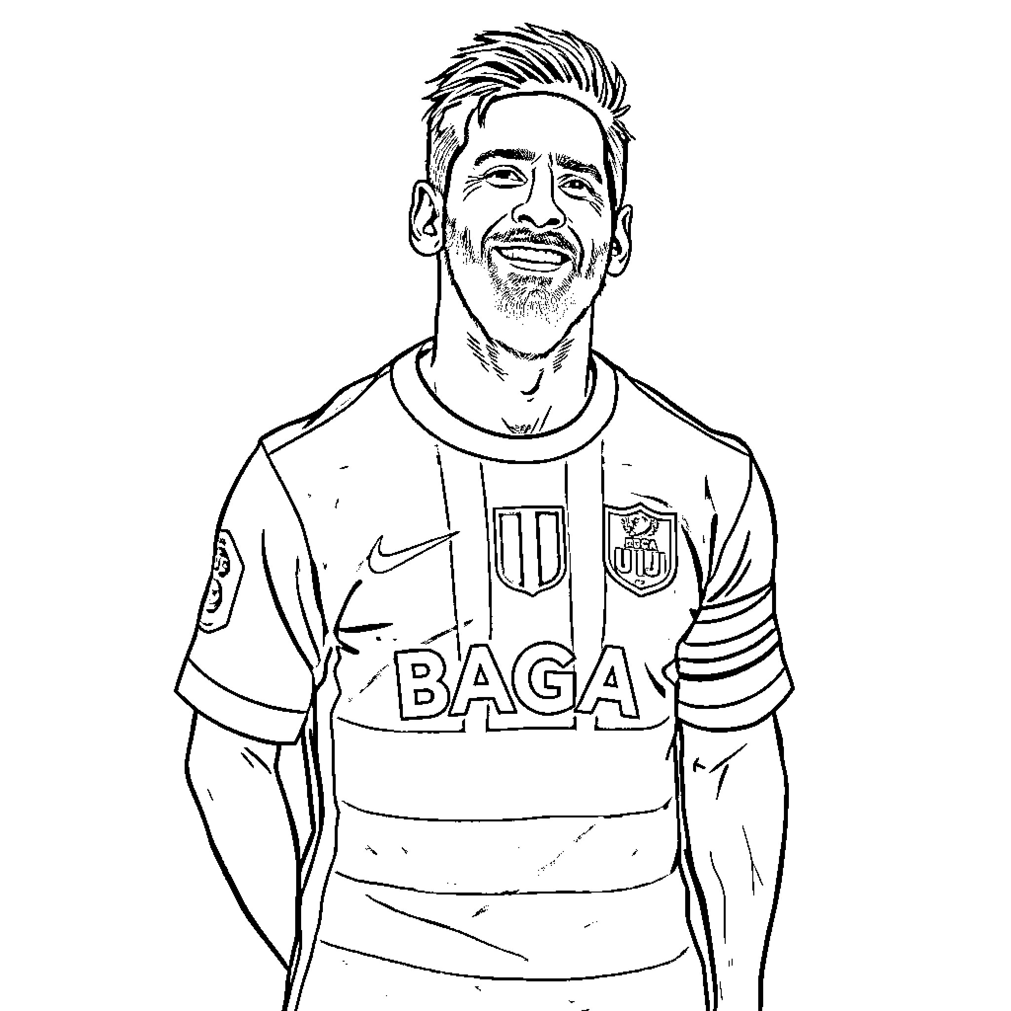 Messi smiling in his soccer uniform Coloring Page (free black-and-white line drawing printable PDF for all, from beginners to advanced learners, including children, teens, adults, and seniors)