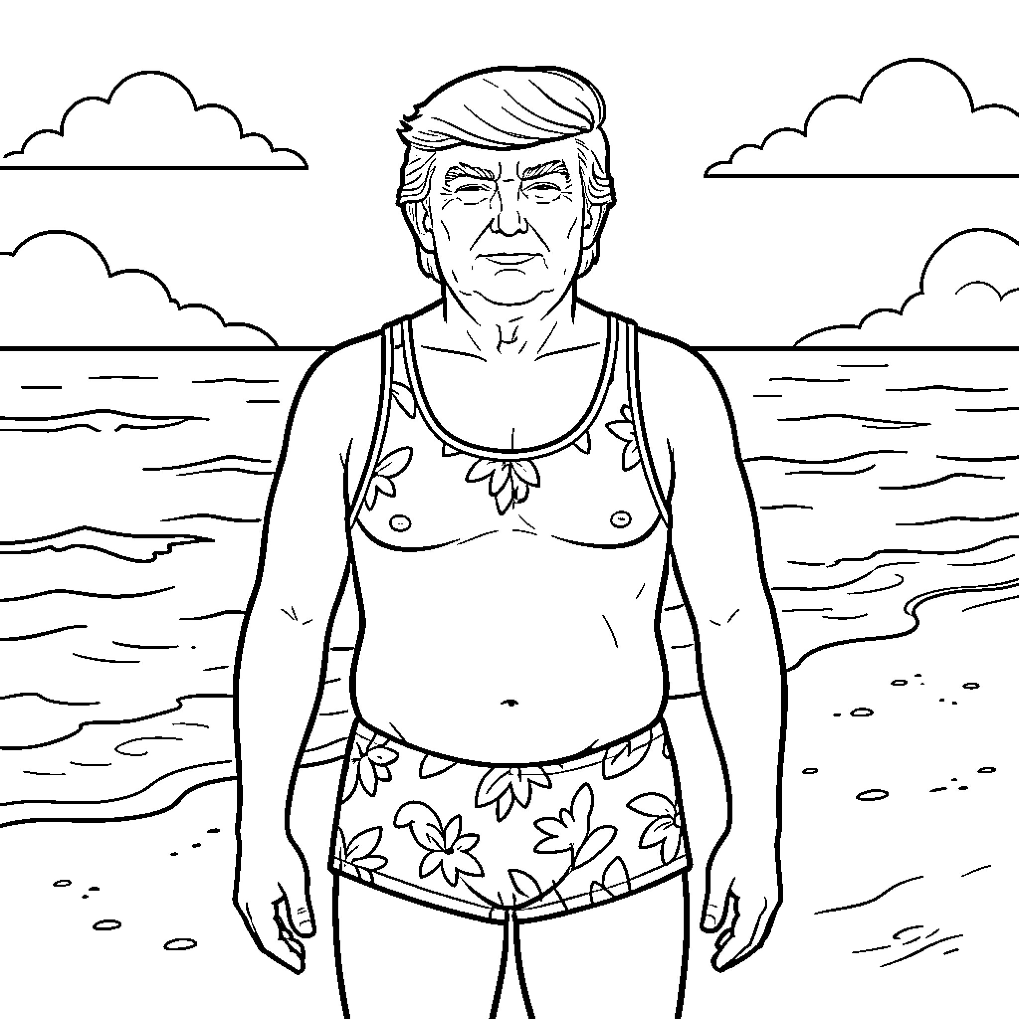 Trump wearing floral swimwear standing on a beach Coloring Page (free black-and-white line drawing printable PDF for all, from beginners to advanced learners, including children, teens, adults, and seniors)