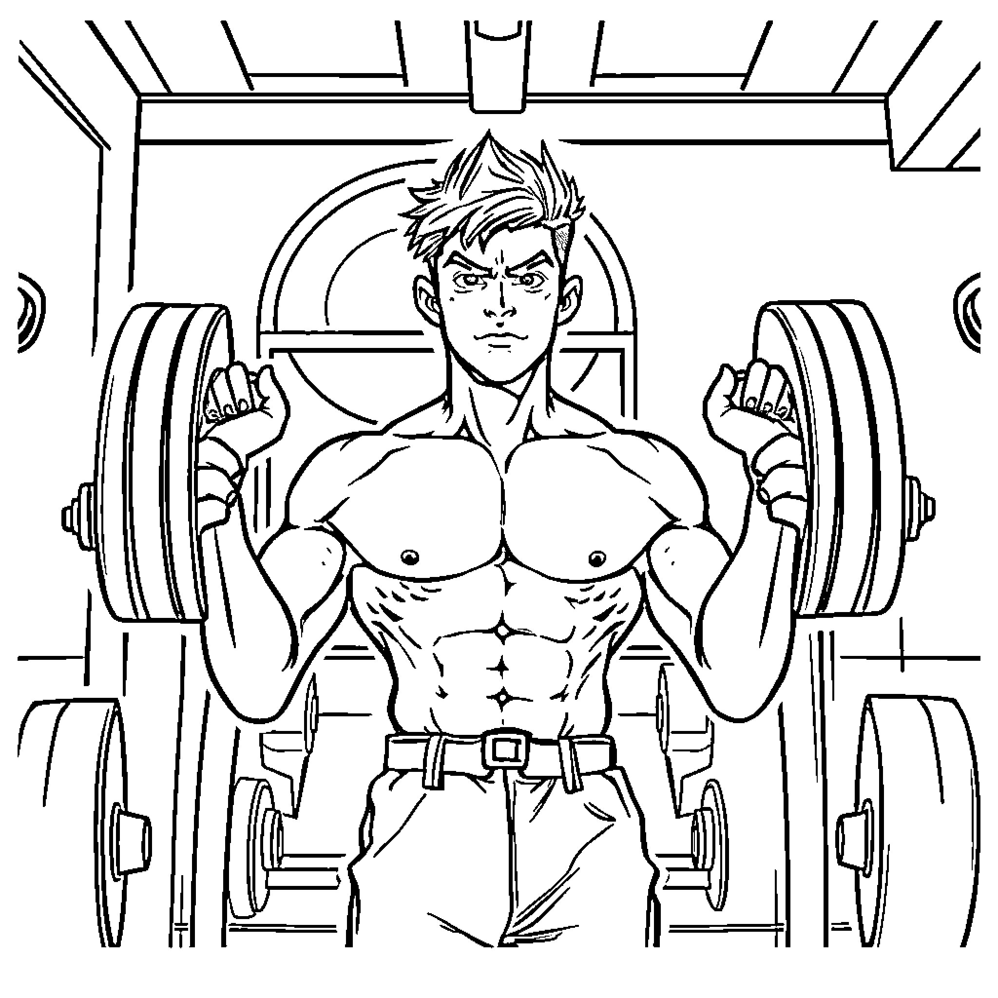Boy flexing muscles in gym with weights Coloring Page (free black-and-white line drawing printable PDF for all, from beginners to advanced learners, including children, teens, adults, and seniors)