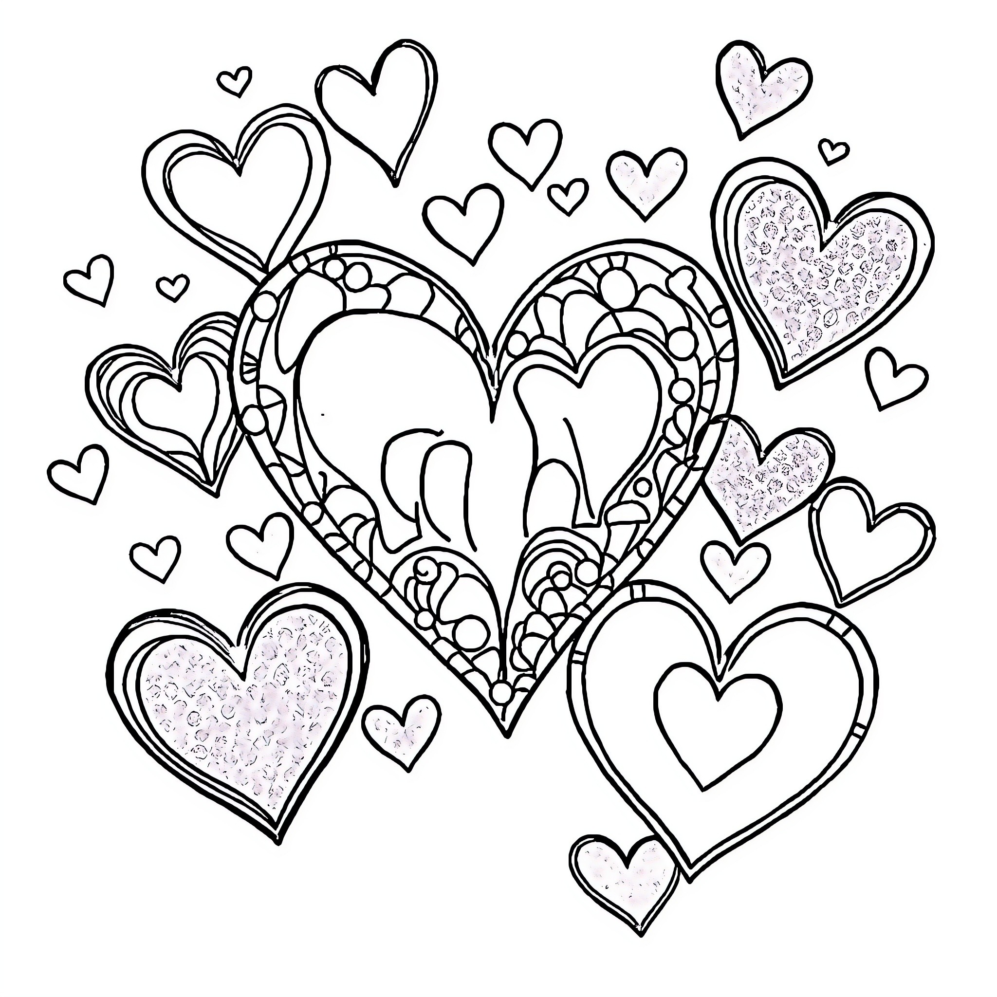 Heart-Filled Abstract Design with Decorative Elements Coloring Page (free black-and-white line drawing printable PDF for all, from beginners to advanced learners, including children, teens, adults, and seniors)