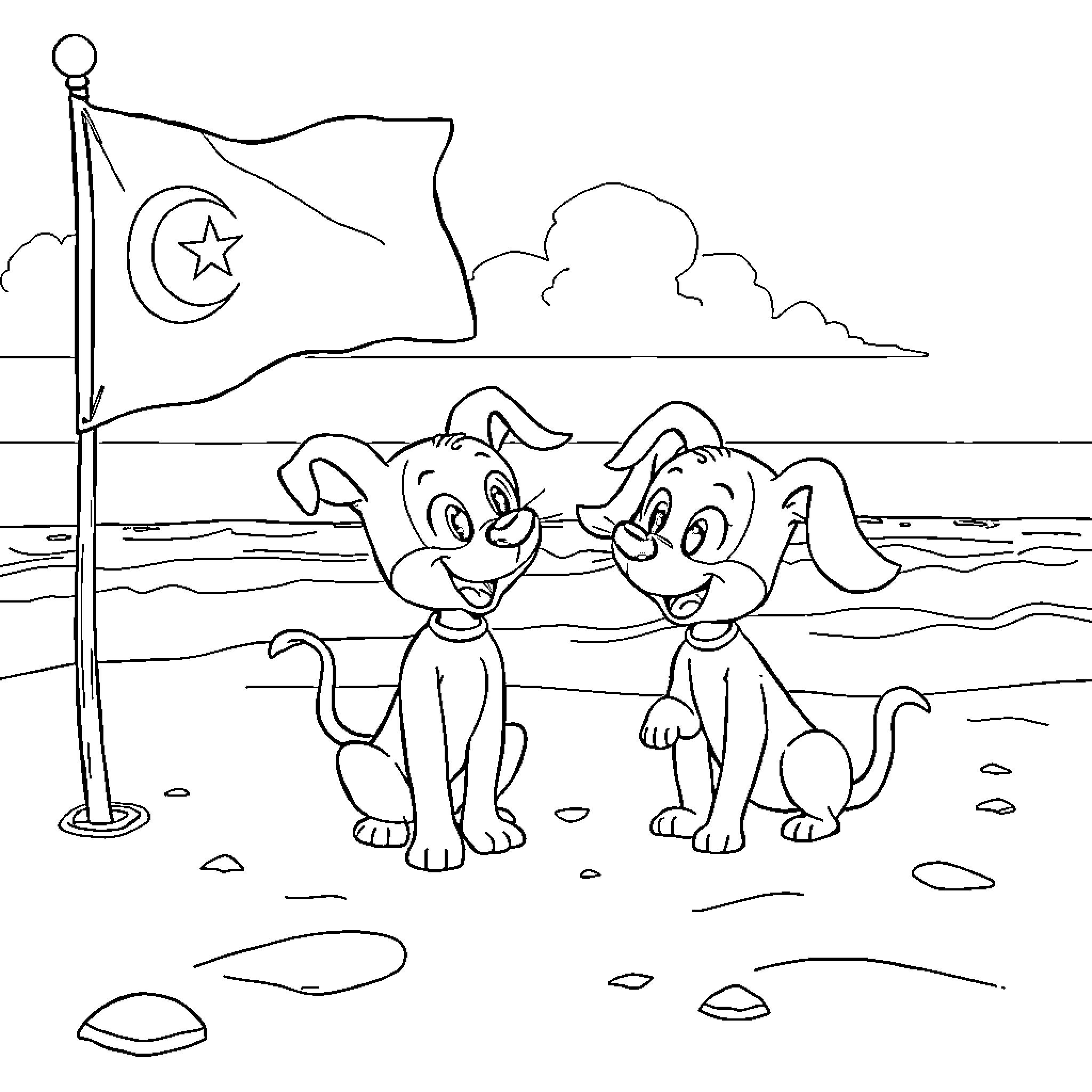 Bluey and Bingo playing by the shore Coloring Page (free black-and-white line drawing printable PDF for all, from beginners to advanced learners, including children, teens, adults, and seniors)