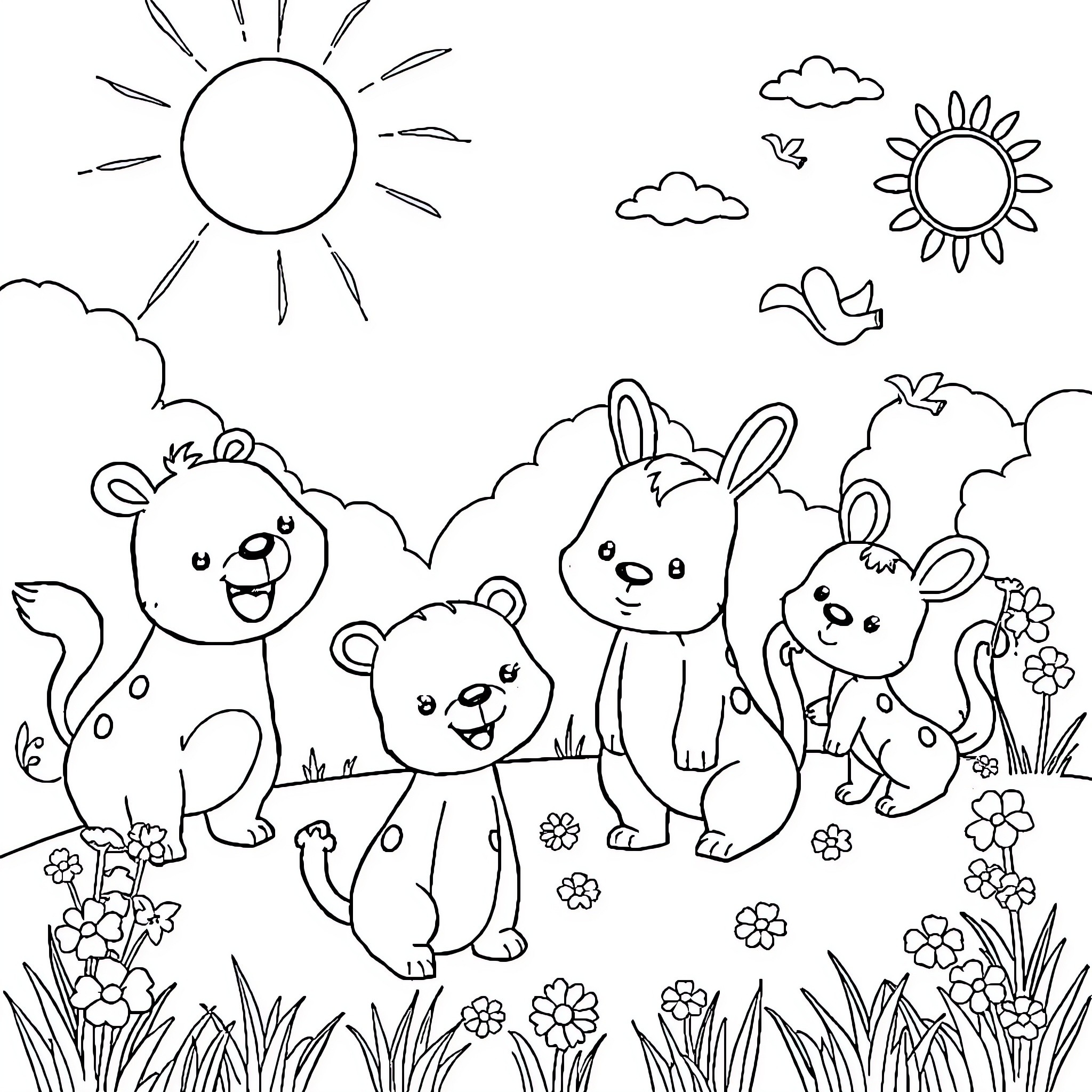 Animal friends enjoying a sunny day outdoors Coloring Page (free black-and-white line drawing printable PDF for all, from beginners to advanced learners, including children, teens, adults, and seniors)