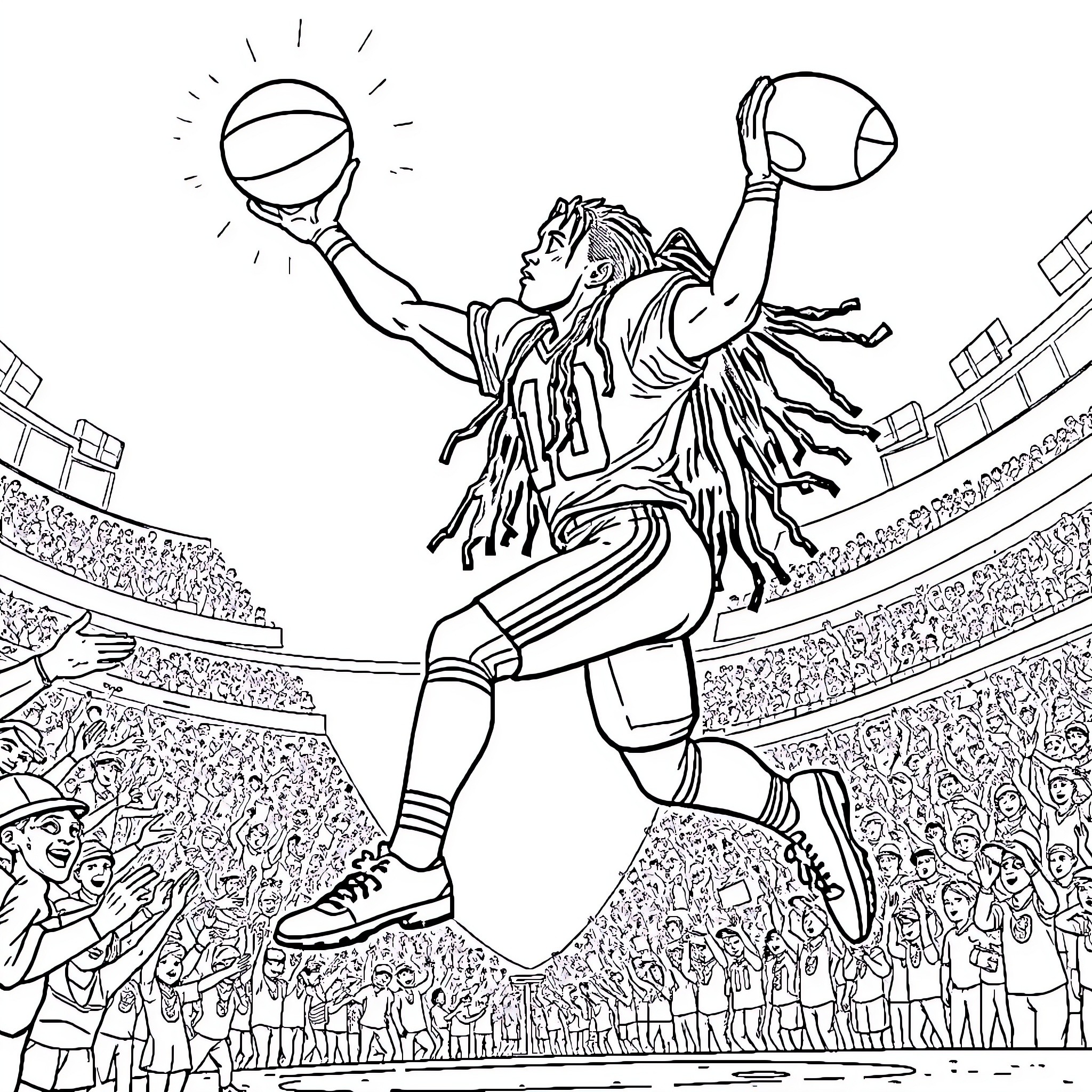 Football Player Soaring for Slam Dunk in Energetic Stadium Coloring Page (free black-and-white line drawing printable PDF for all, from beginners to advanced learners, including children, teens, adults, and seniors)