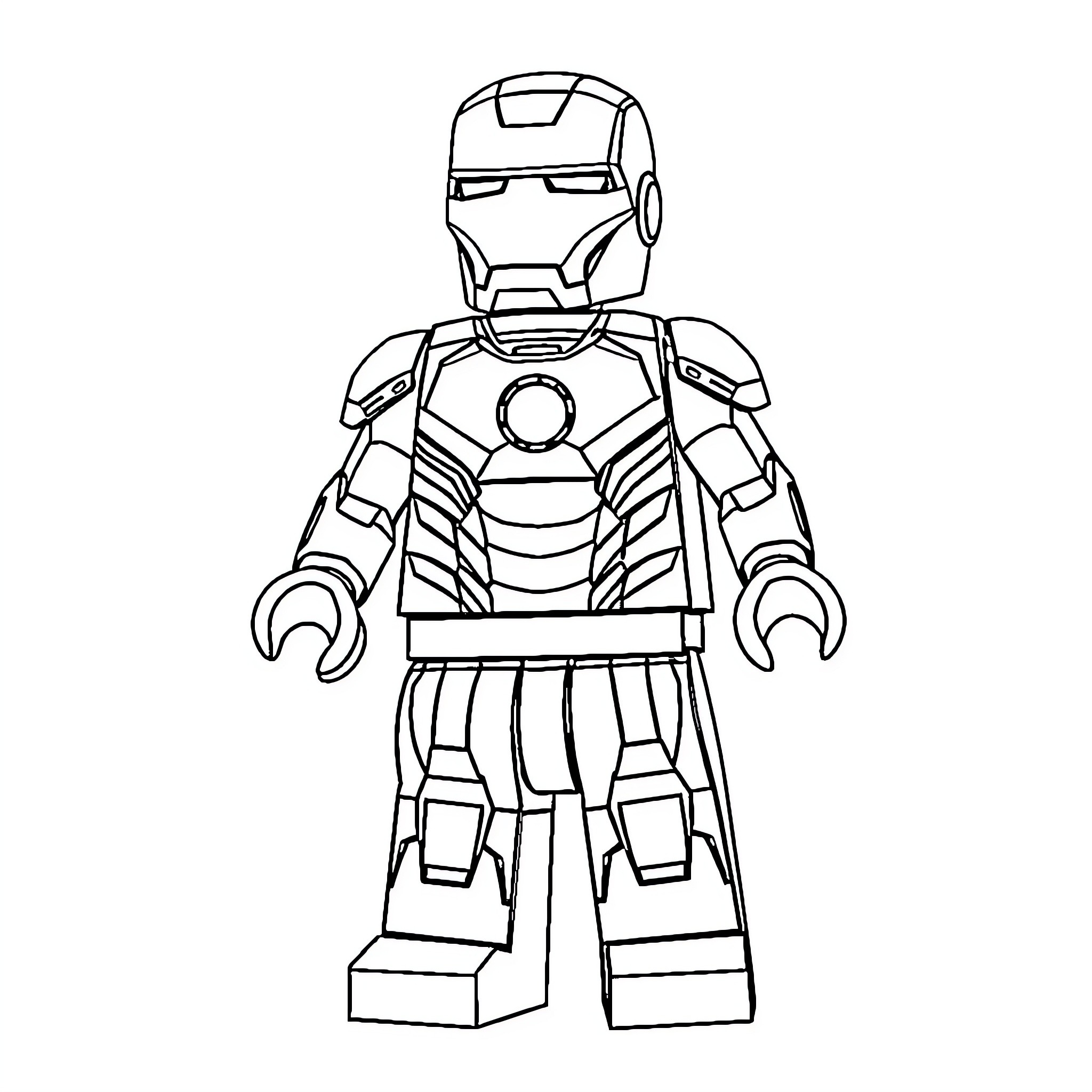 Lego Iron Man preparing for battle Coloring Page (free black-and-white line drawing printable PDF for all, from beginners to advanced learners, including children, teens, adults, and seniors)