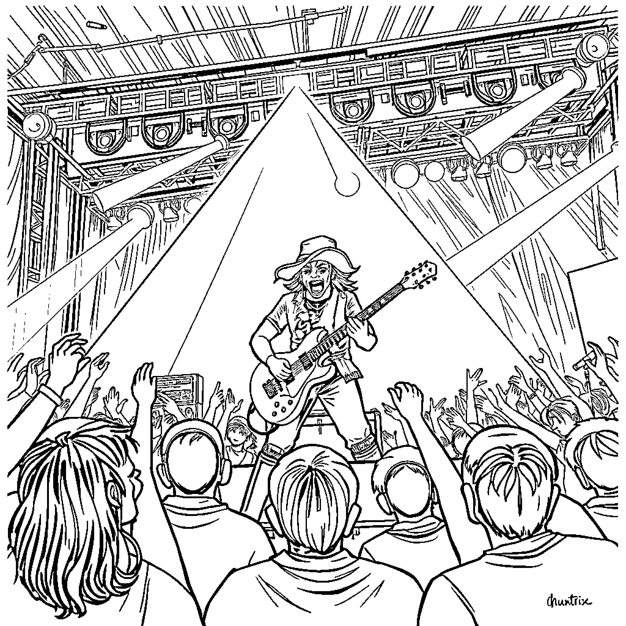 Huntrix Performing for Enthusiastic Crowd Coloring Page (free black-and-white line drawing printable PDF for all, from beginners to advanced learners, including children, teens, adults, and seniors)