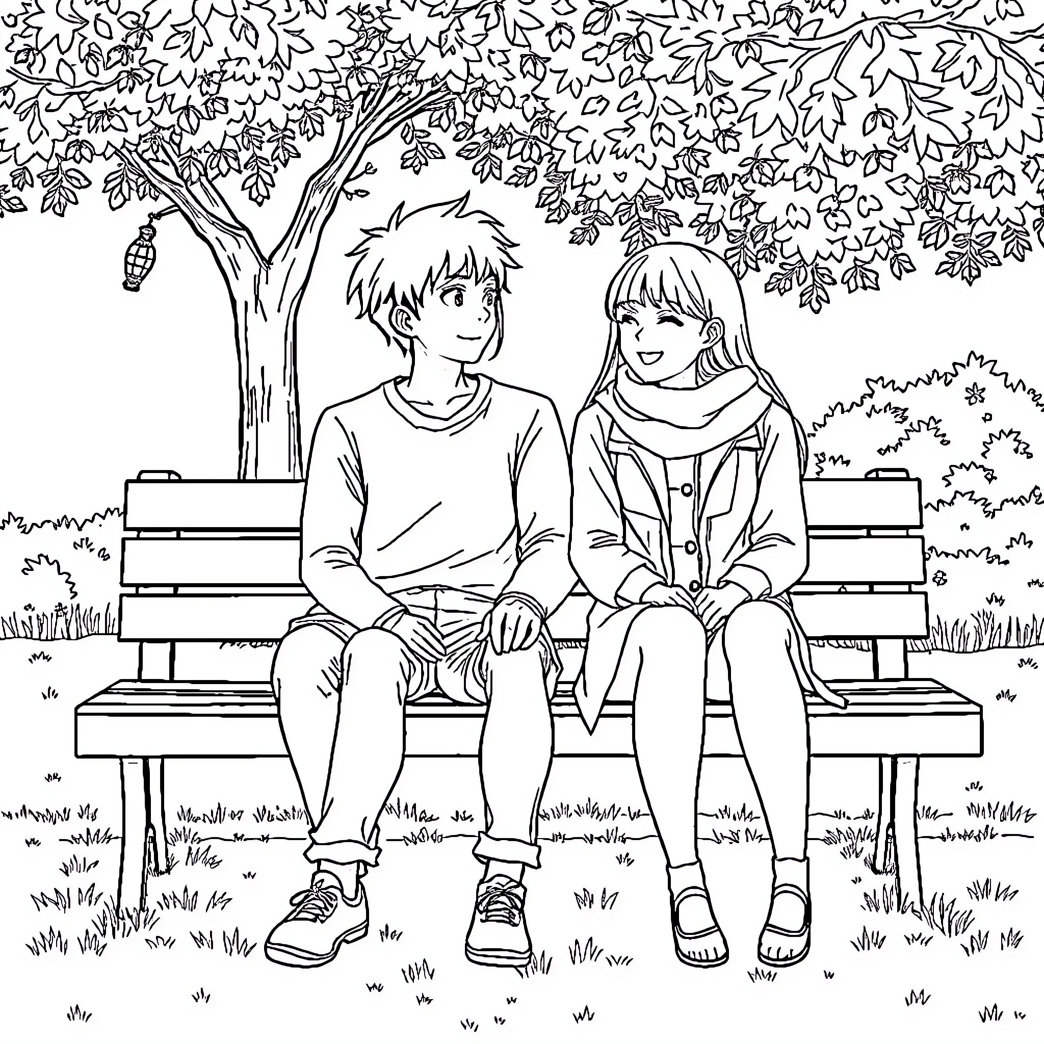 Okarun: Two friends enjoy a peaceful moment in the park Coloring Page (free black-and-white line drawing printable PDF for all, from beginners to advanced learners, including children, teens, adults, and seniors)