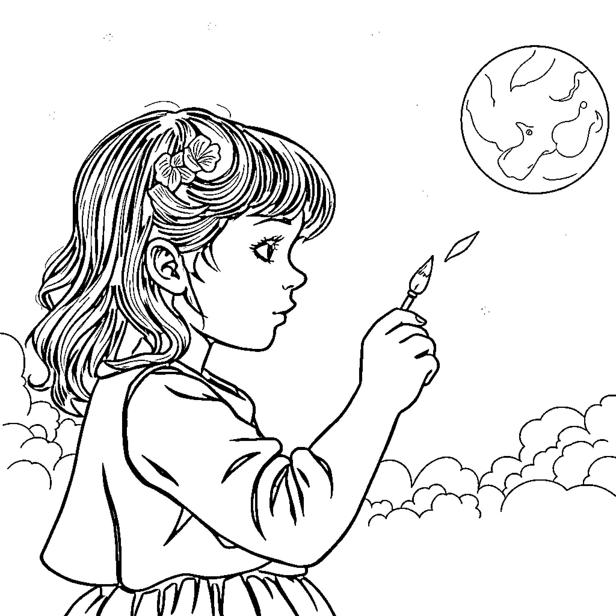 Fille gazing at the starry night sky Coloring Page (free black-and-white line drawing printable PDF for all, from beginners to advanced learners, including children, teens, adults, and seniors)