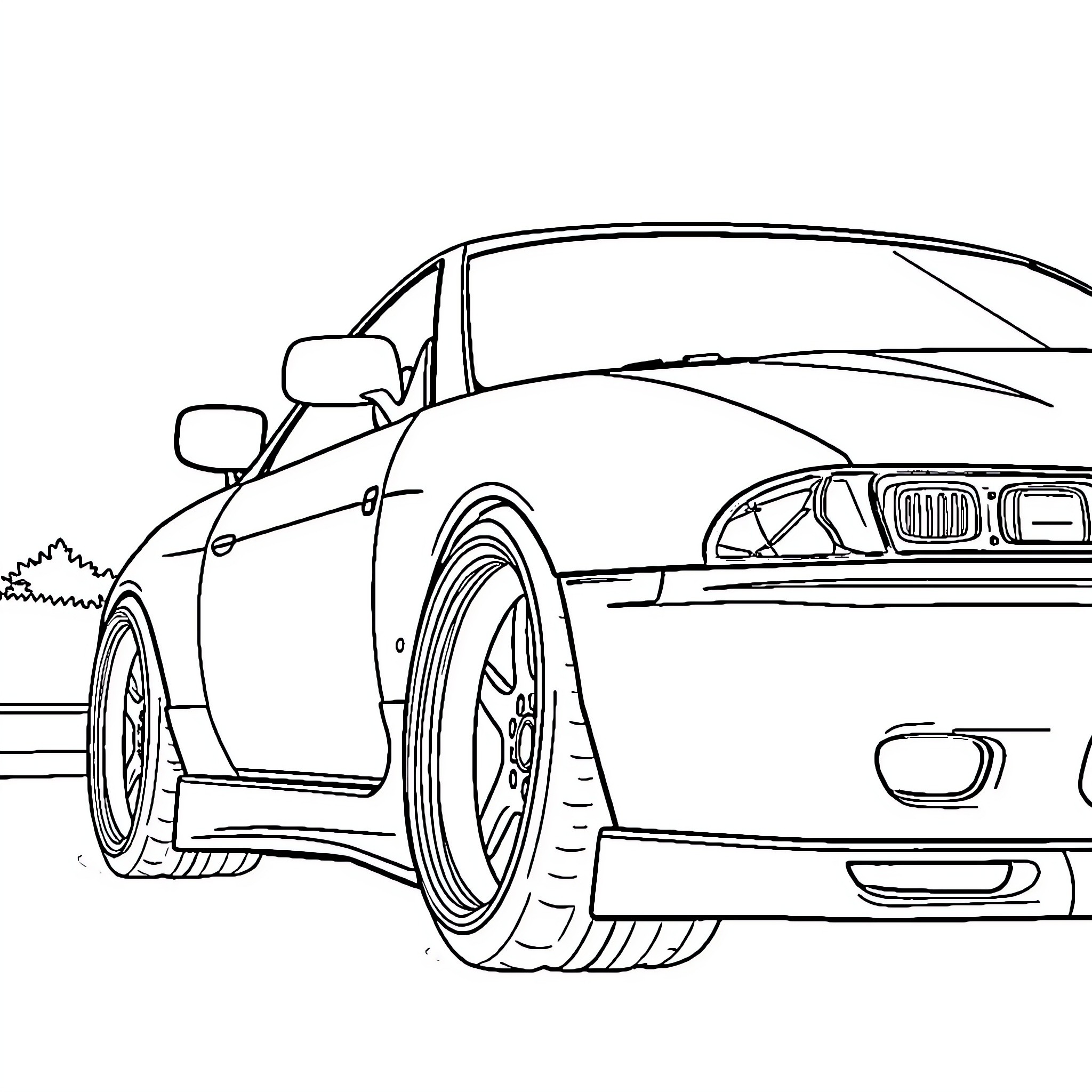 Nissan Silvia driving on the road Coloring Page (free black-and-white line drawing printable PDF for all, from beginners to advanced learners, including children, teens, adults, and seniors)
