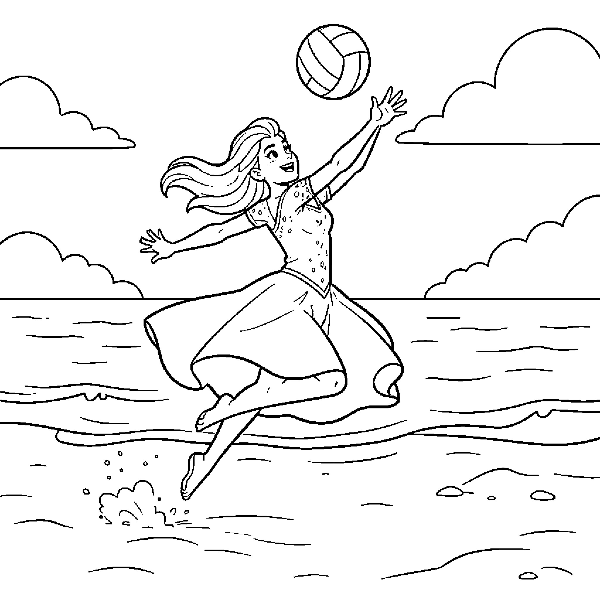 Elsa jumping to hit a volleyball on the beach Coloring Page (free black-and-white line drawing printable PDF for all, from beginners to advanced learners, including children, teens, adults, and seniors)