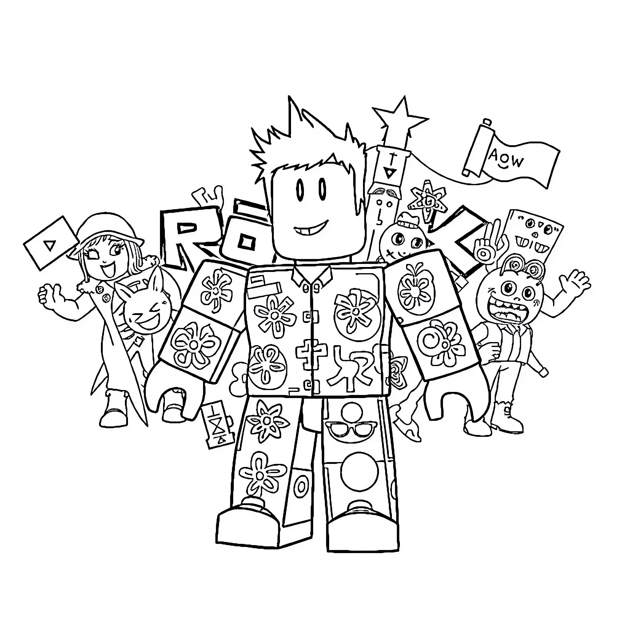 Roblox characters in fun and lively outfits Coloring Page (free black-and-white line drawing printable PDF for all, from beginners to advanced learners, including children, teens, adults, and seniors)