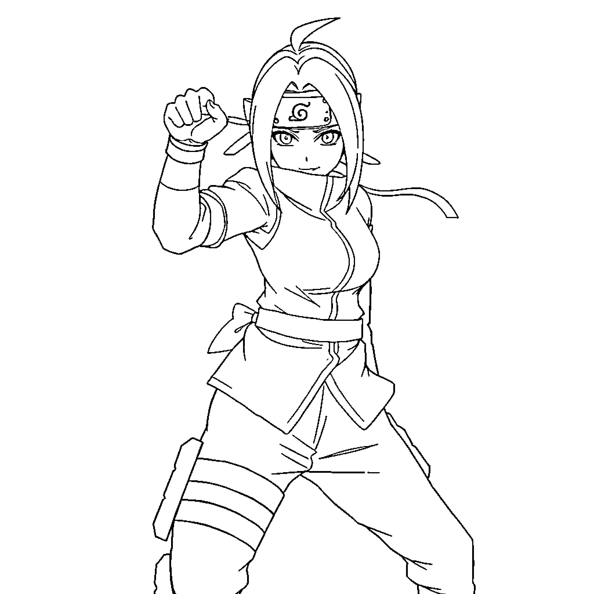 Sakura Ninja Warrior in Action Coloring Page (free black-and-white line drawing printable PDF for all, from beginners to advanced learners, including children, teens, adults, and seniors)