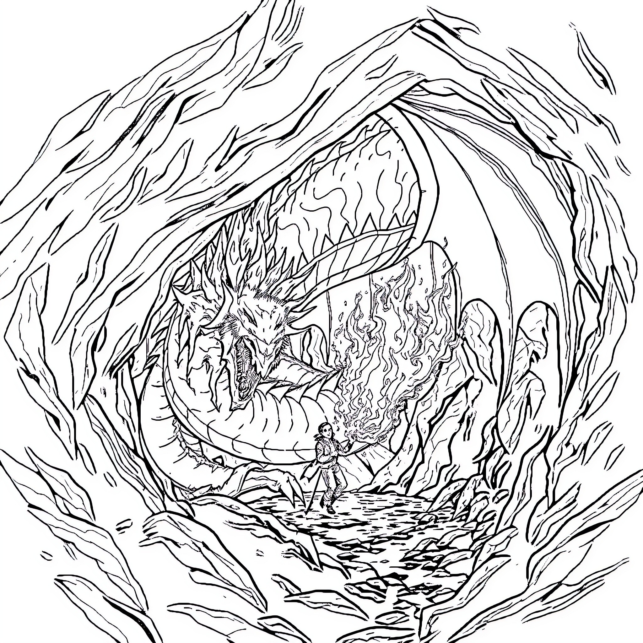 Dragon guarding a magical cave entrance Coloring Page (free black-and-white line drawing printable PDF for all, from beginners to advanced learners, including children, teens, adults, and seniors)